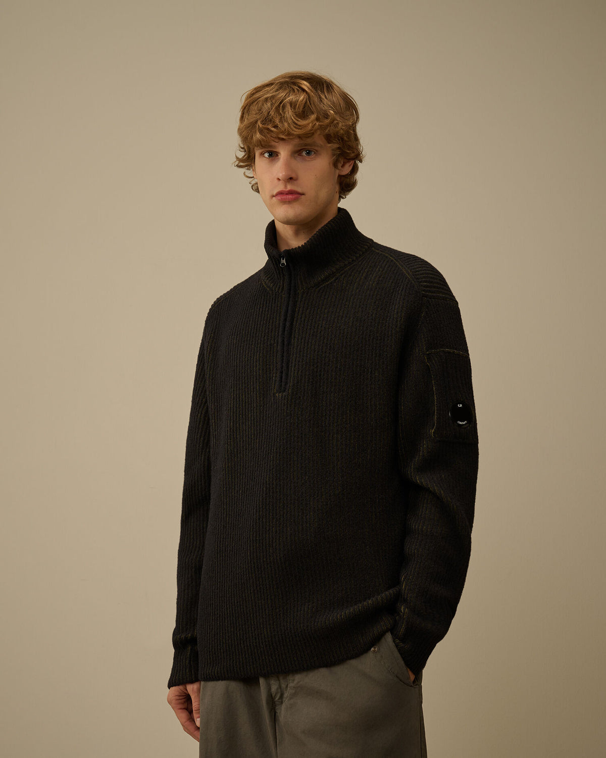 Fleece Knit Half Zip Sweater in Capers