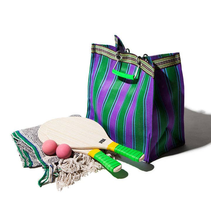 Recycled Plastic Stripe Square Bag in Green/Purple