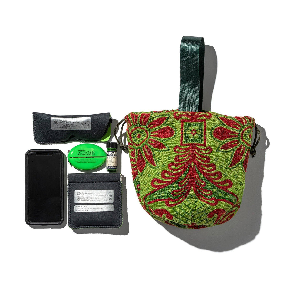 Jacquard Fabric Drawstring Bag in Green