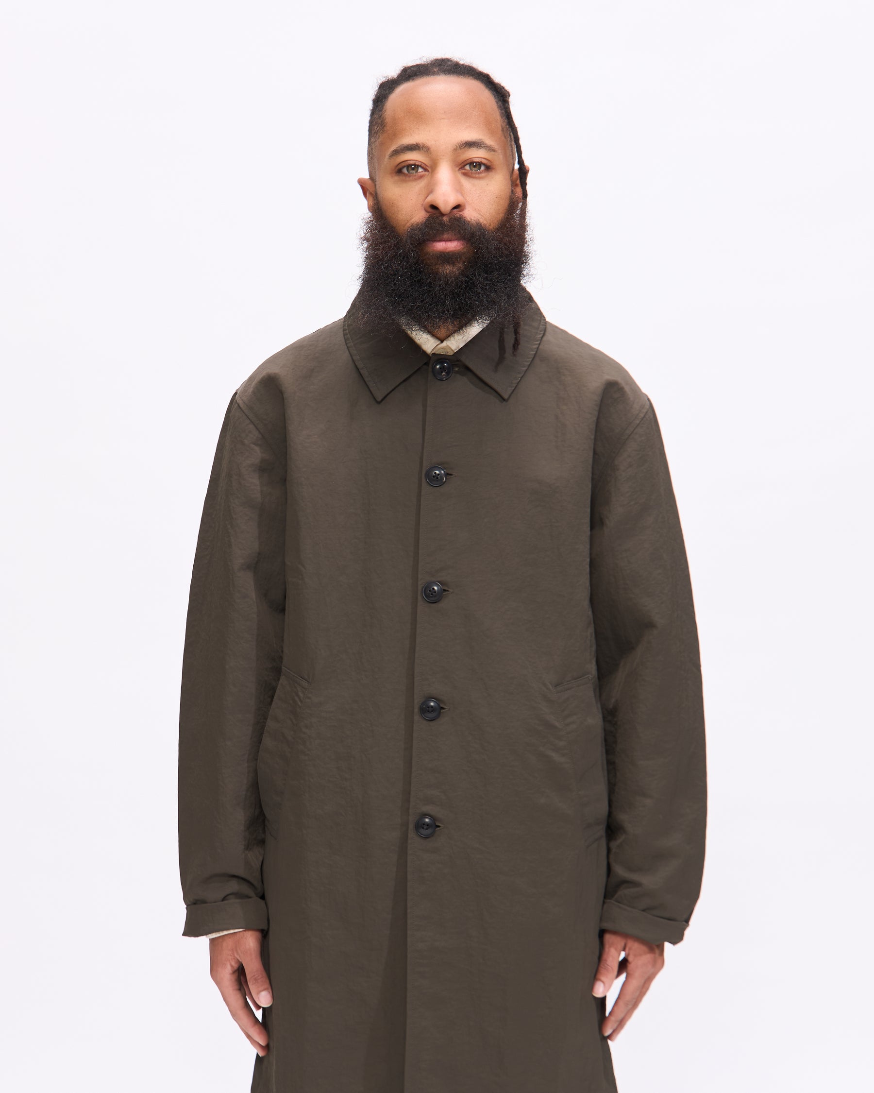 3sixteen Mac Coat in Olive Wrinkle Nylon Homme Essentials