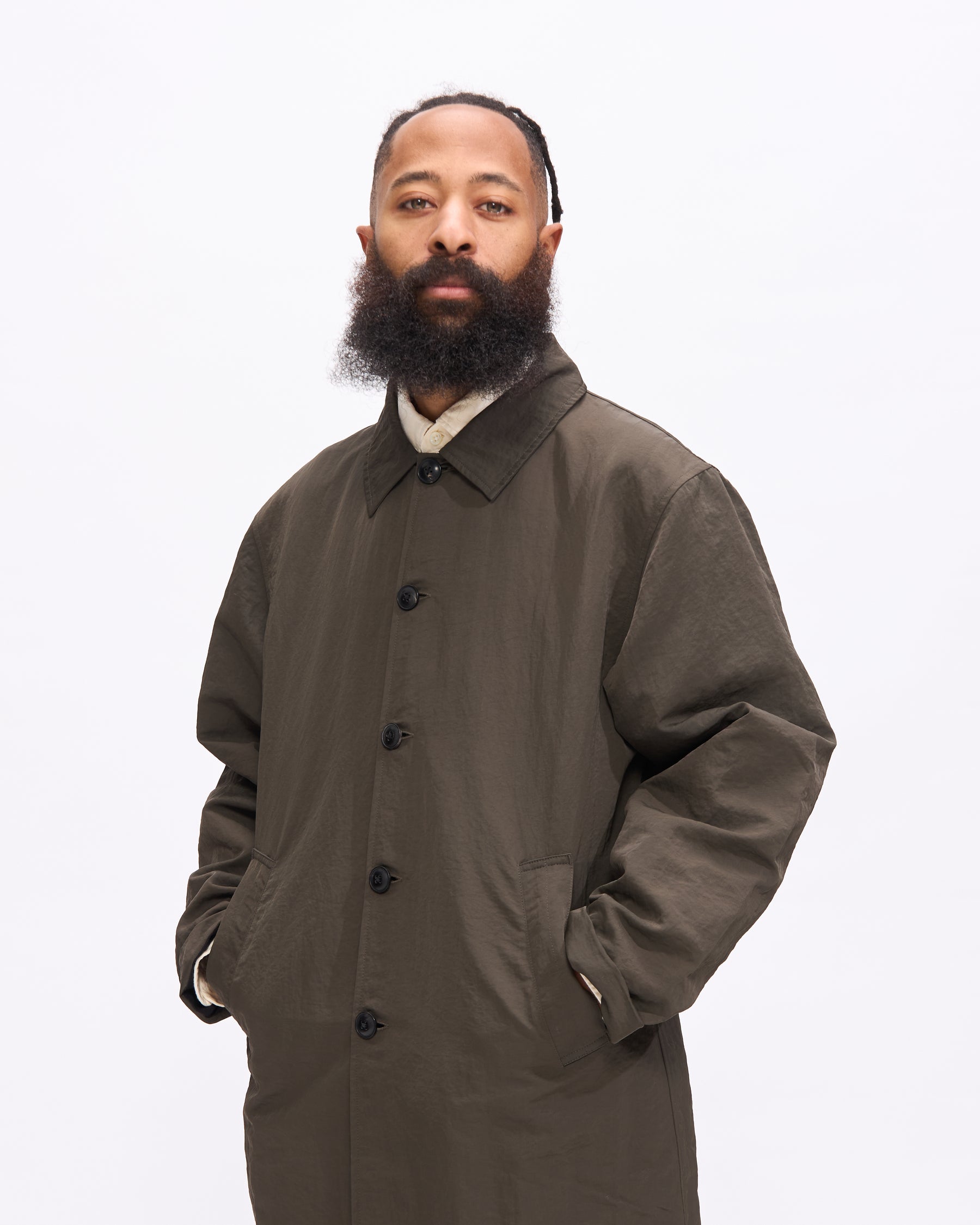3sixteen Mac Coat in Olive Wrinkle Nylon Homme Essentials