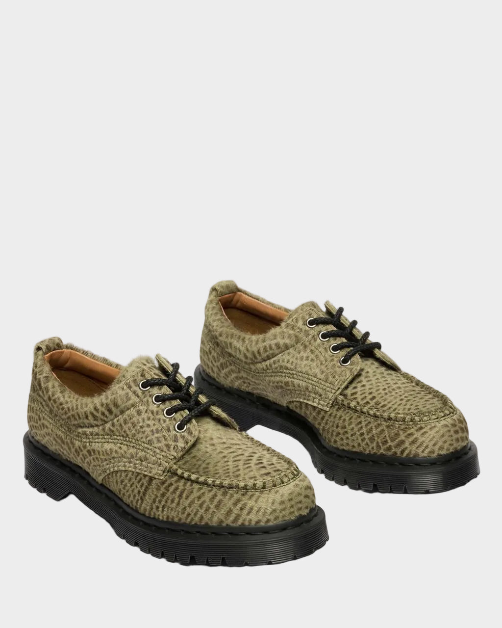 Dr. Martens Lowell Moc Toe Shoes in Pebble Emboss Hair On Olive Green