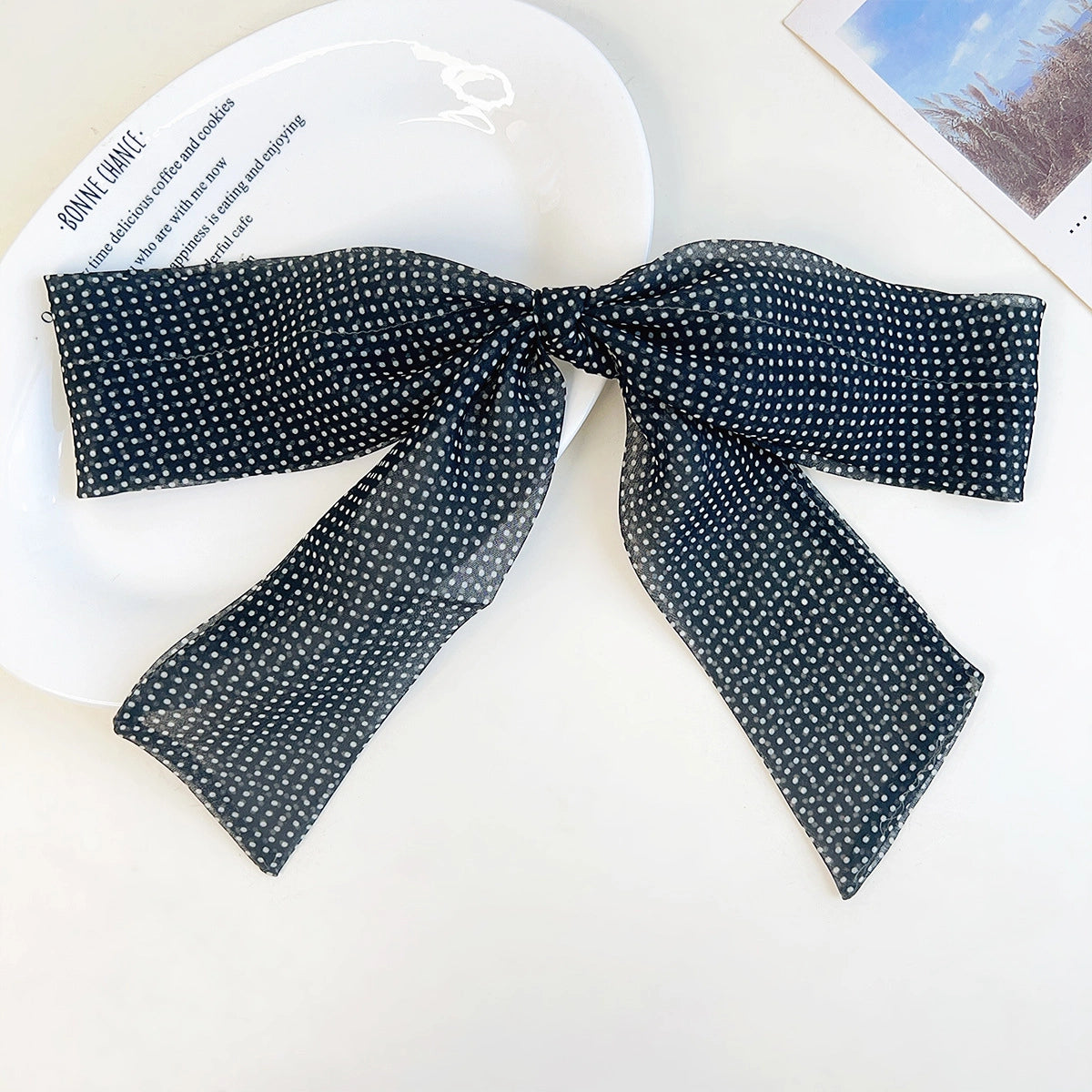 Polka Dot Ribbon Barrette Clip in Grey Micro Dot