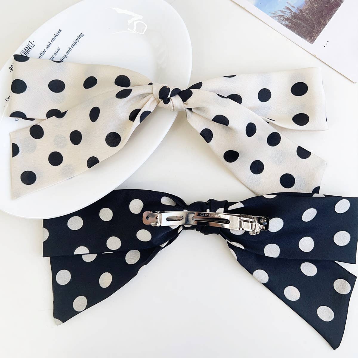 Polka Dot Ribbon Barrette Clip in White