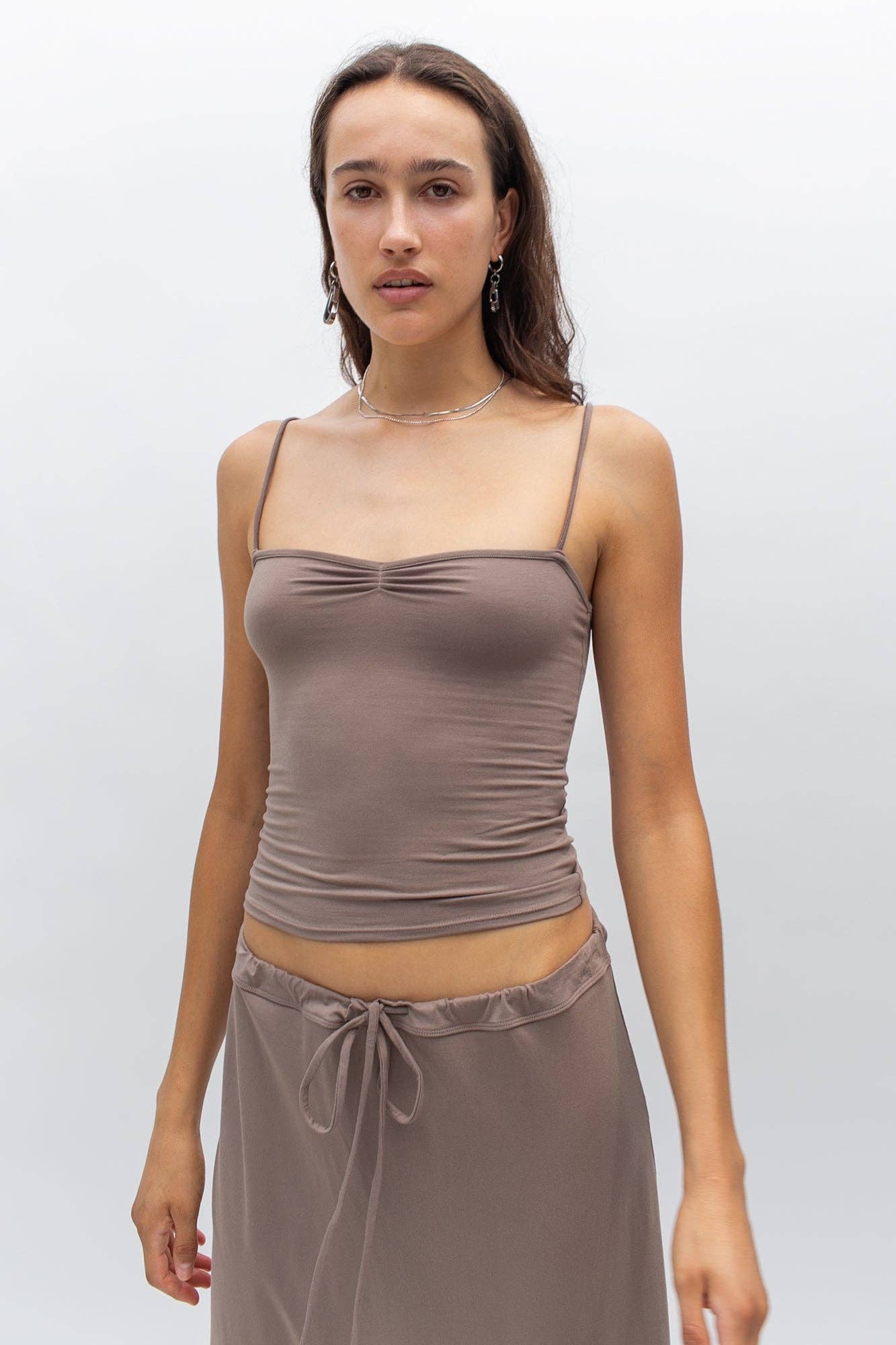 Eva Viscose Spaghetti Strap Knit Top in Sable