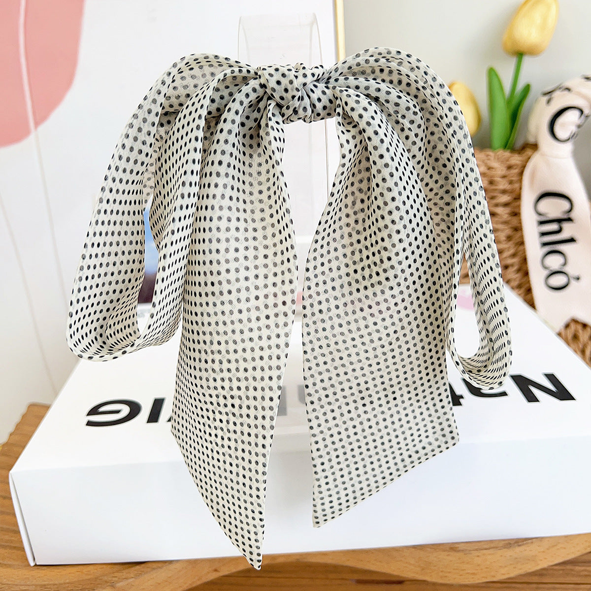 Polka Dot Ribbon Barrette Clip in White Micro Dot