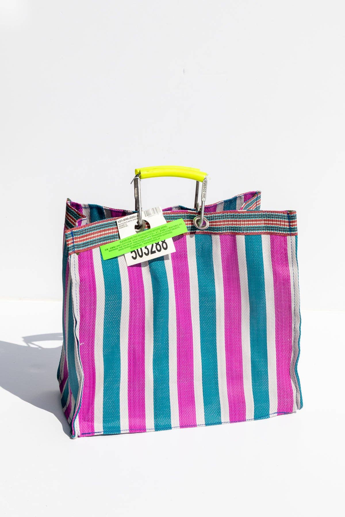 Recycled Plastic Stripe Square Bag in Green/Pink