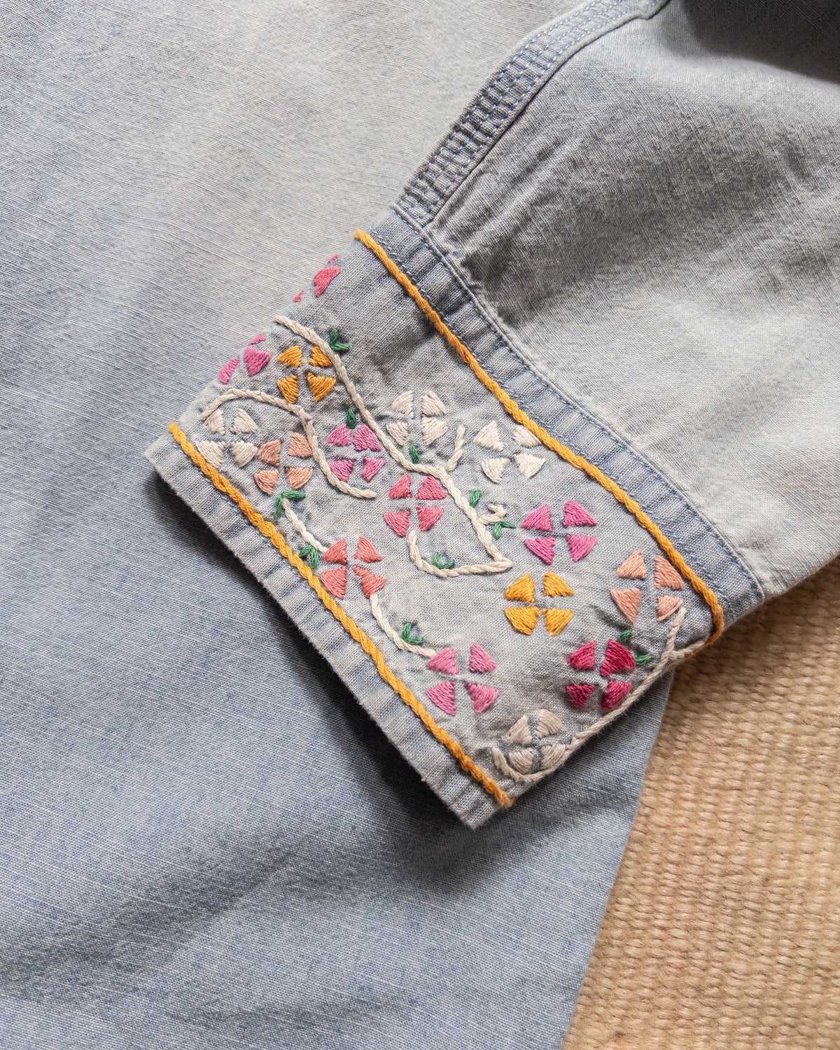 Embroidered Chambray Workshirt in Sunfaded Indigo