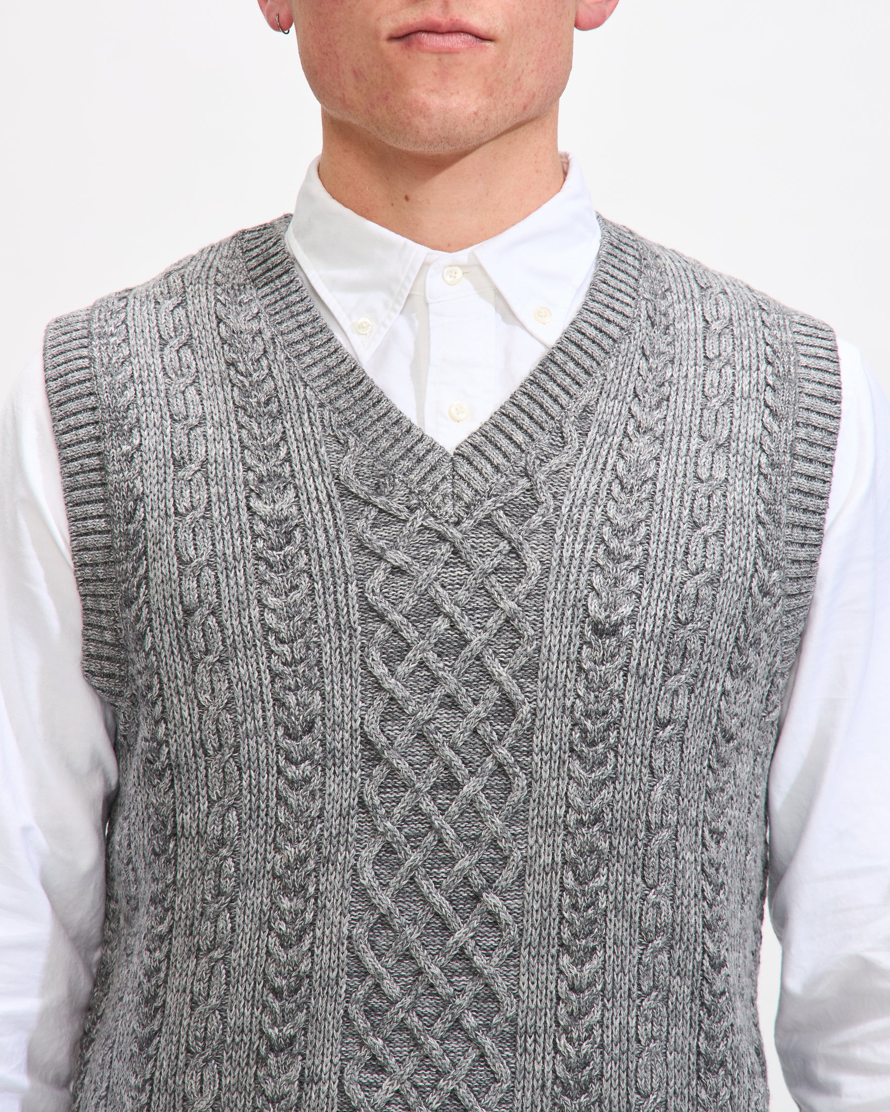 Beams Plus Alan Pattern Vest in Grey Cotton Wool Homme Essentials