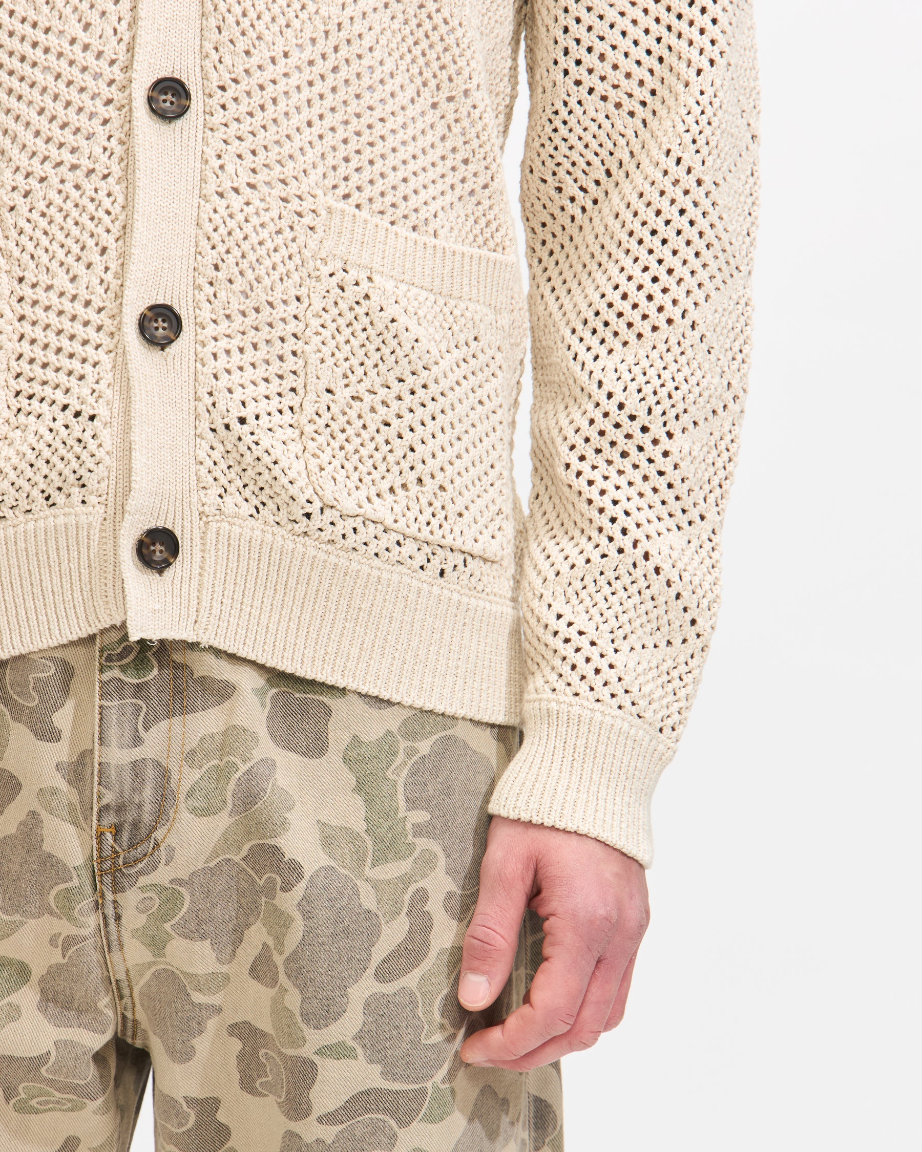Beams Plus Cardigan Argyle Mesh in Beige Homme Essentials