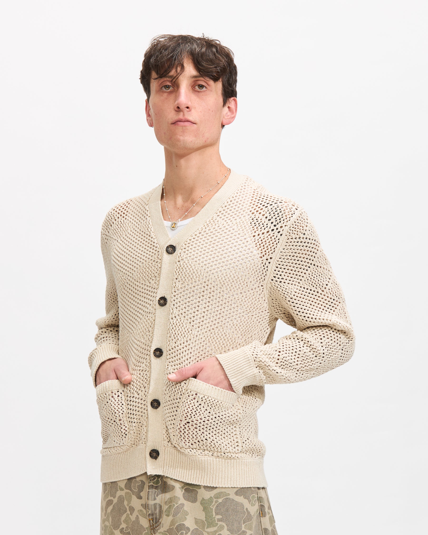 Beams Plus Cardigan Argyle Mesh in Beige Homme Essentials