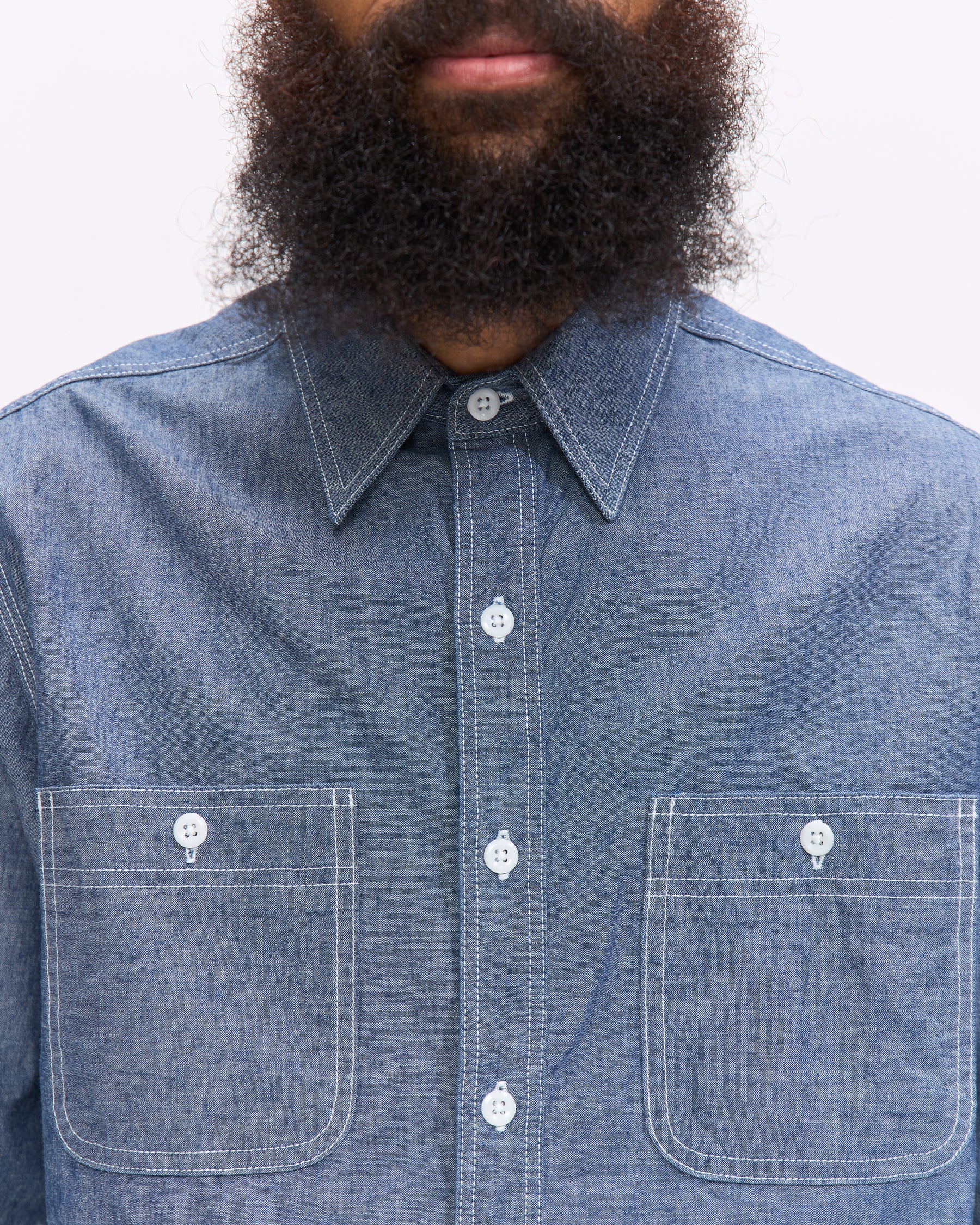 Beams Plus Chambray Work Shirt in Blue Homme Essentials