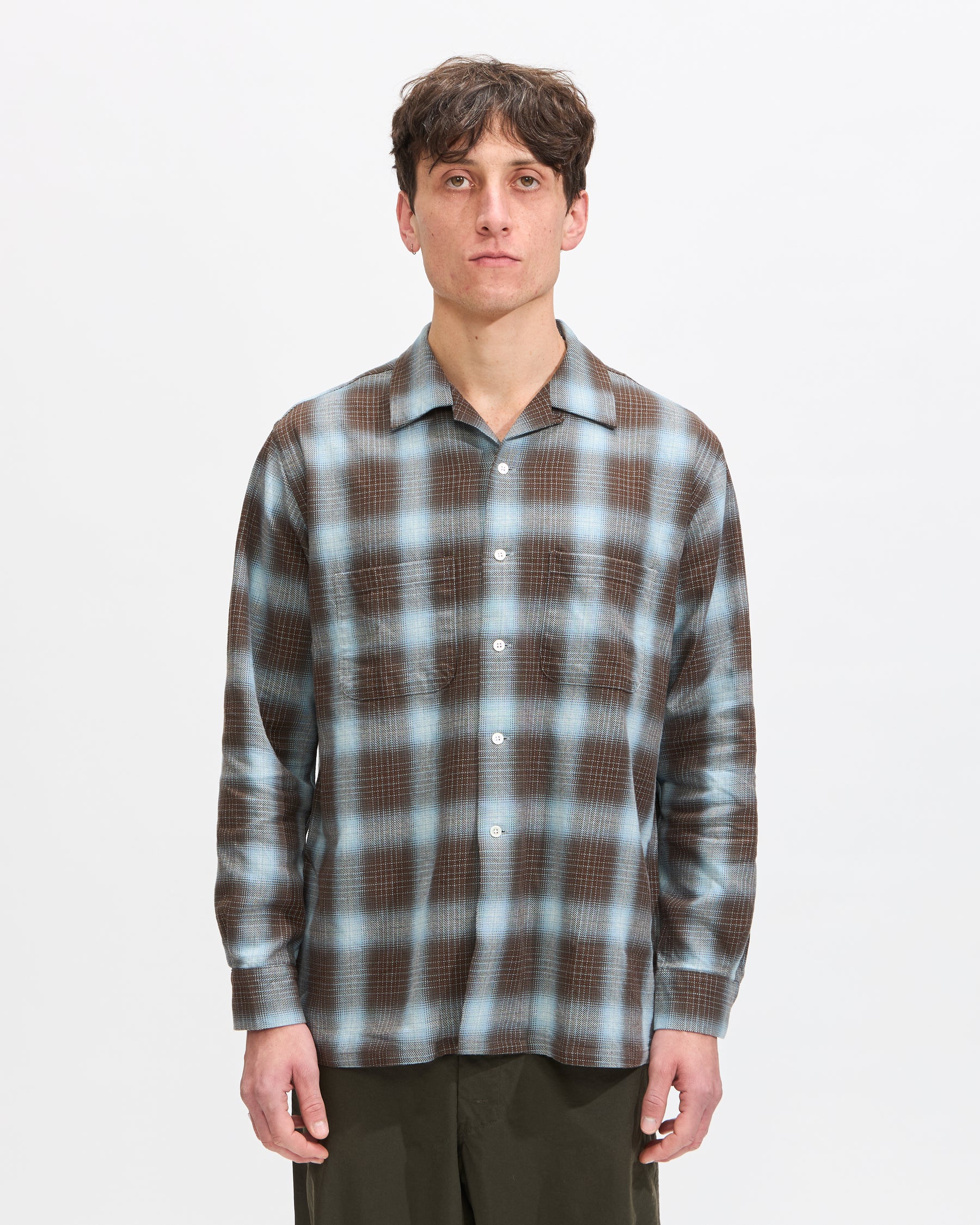 Beams Plus Open Collar Indigo Ombre Plaid in Brown Homme Essentials