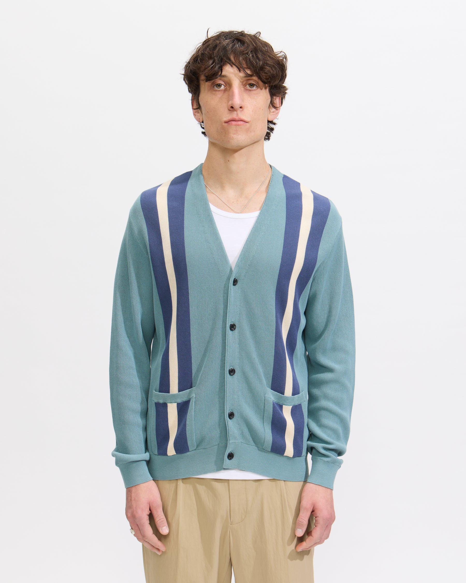 Beams Plus Stripe Cardigan in Sax Homme Essentials