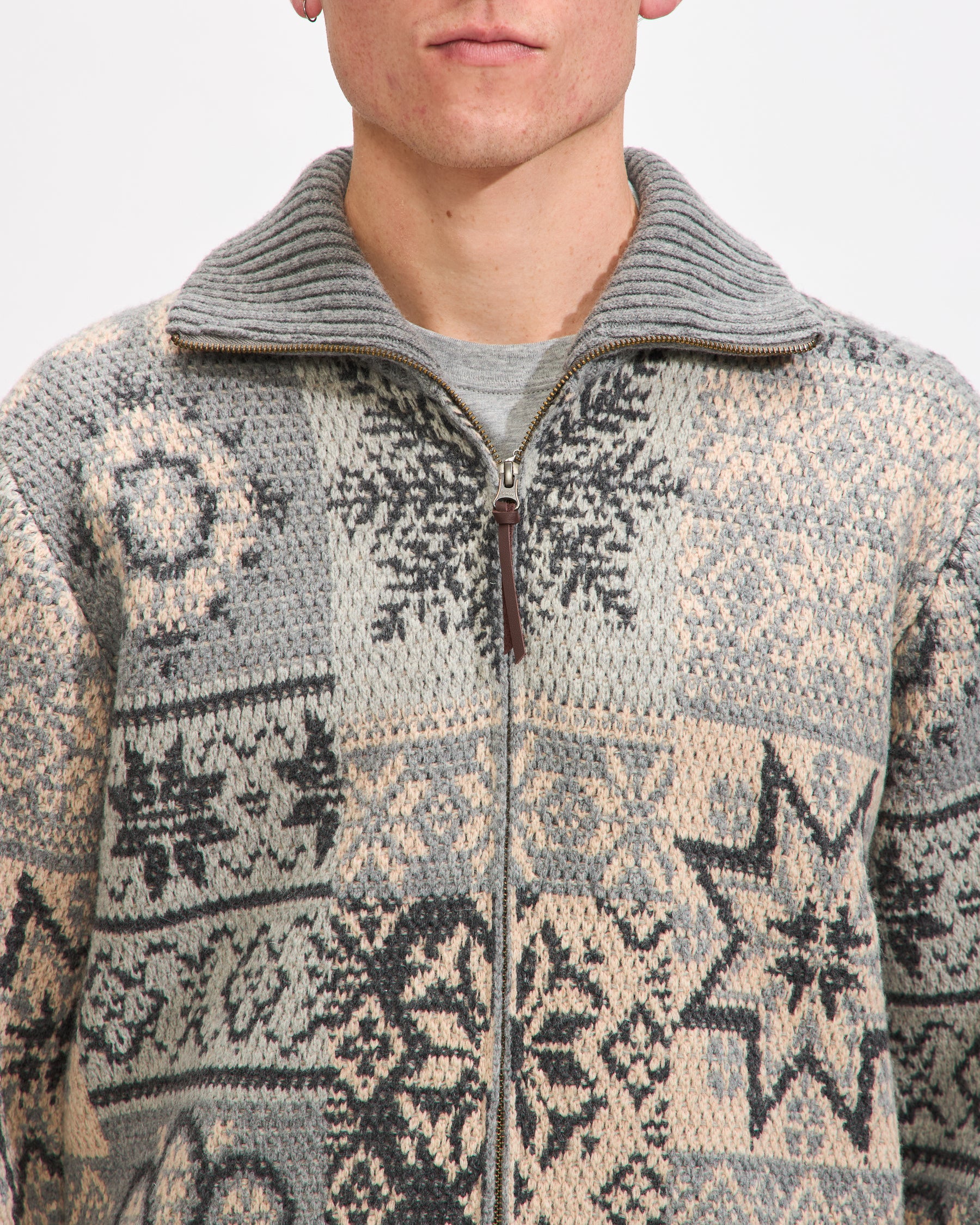 Beams Plus Zip Cardigan Double Jacquard Patchwork Like Pattern in Grey Homme Essentials