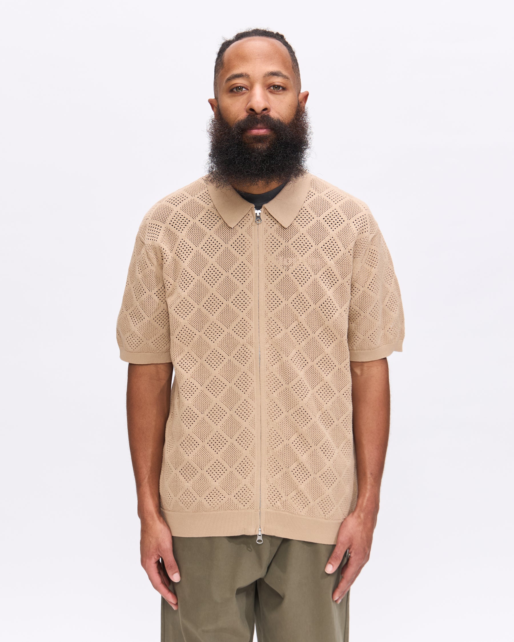 Beams Plus Zip Knit Polo Mesh in Beige Homme Essentials