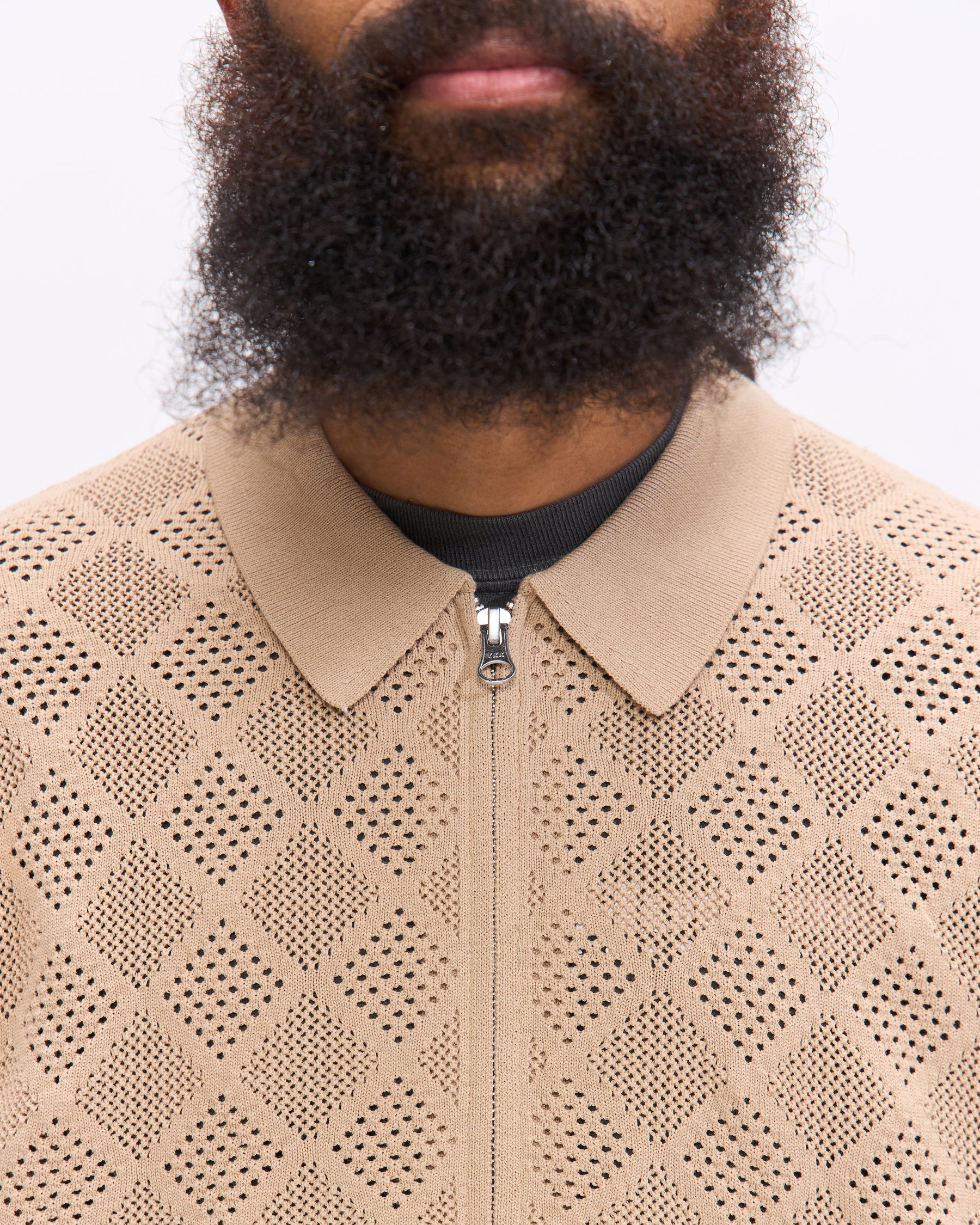 Beams Plus Zip Knit Polo Mesh in Beige Homme Essentials