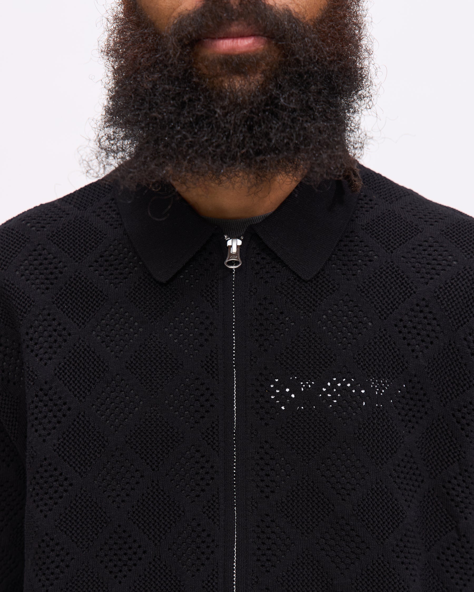 Beams Plus Zip Knit Polo Mesh in Black Homme Essentials