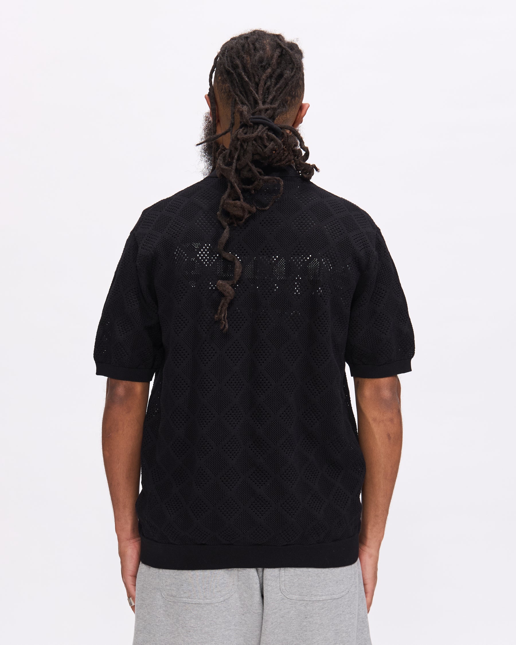 Beams Plus Zip Knit Polo Mesh in Black Homme Essentials