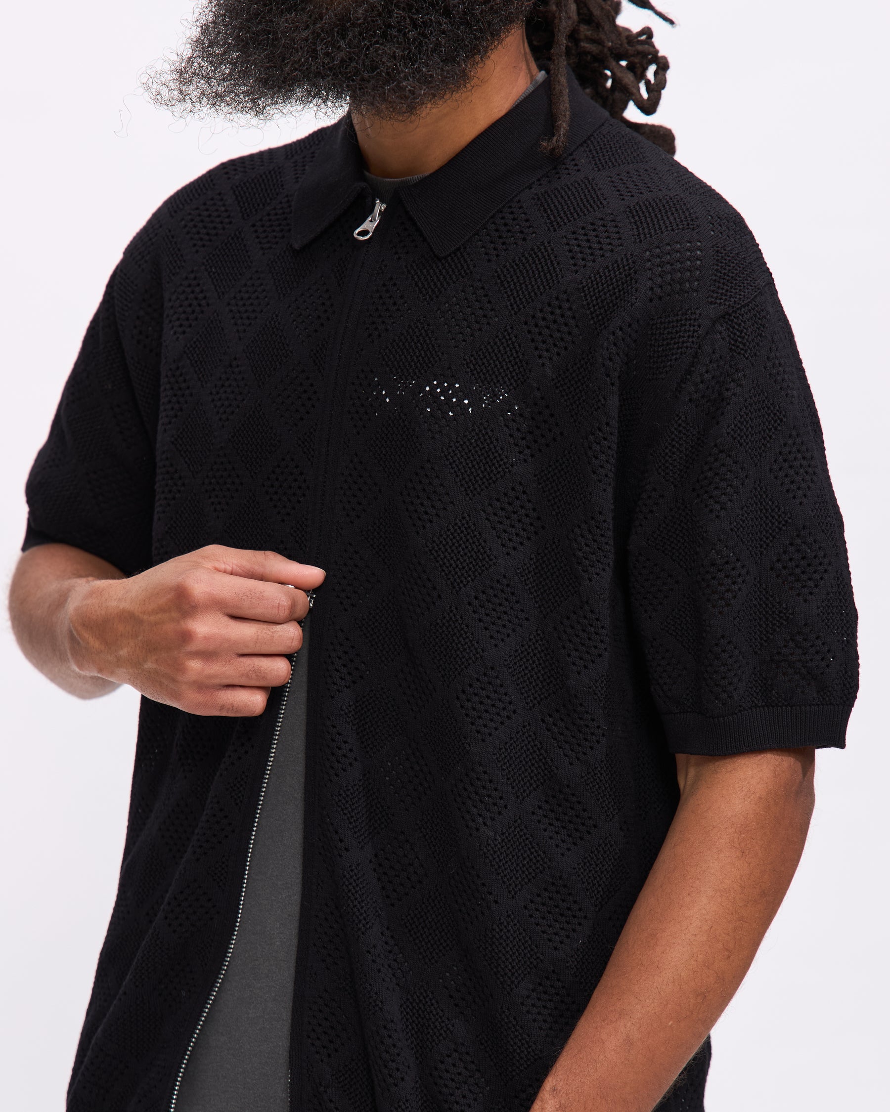 Beams Plus Zip Knit Polo Mesh in Black Homme Essentials