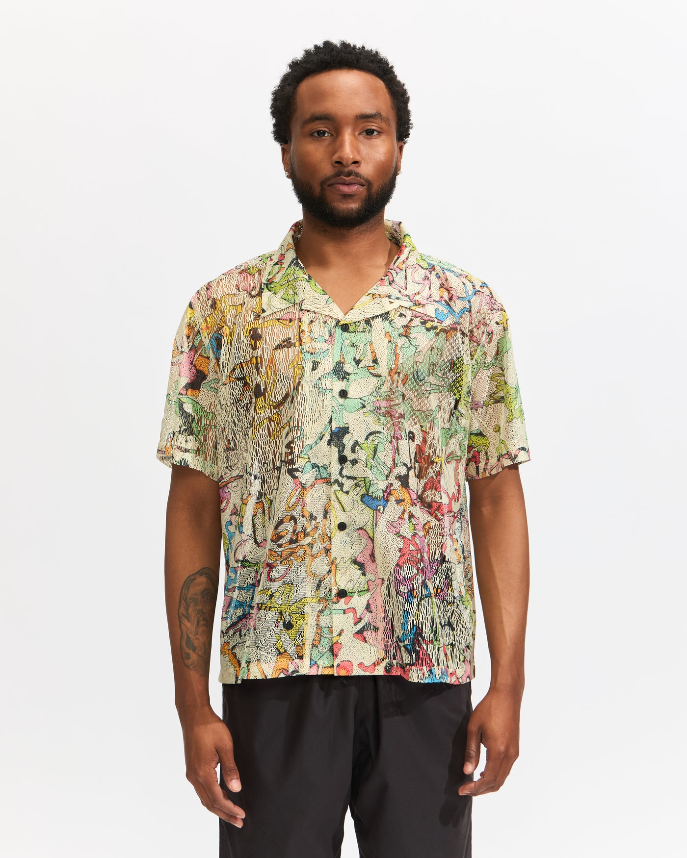 Brain Dead Stu Short Sleeve Button Up Shirt in Cream Multi Homme Essentials