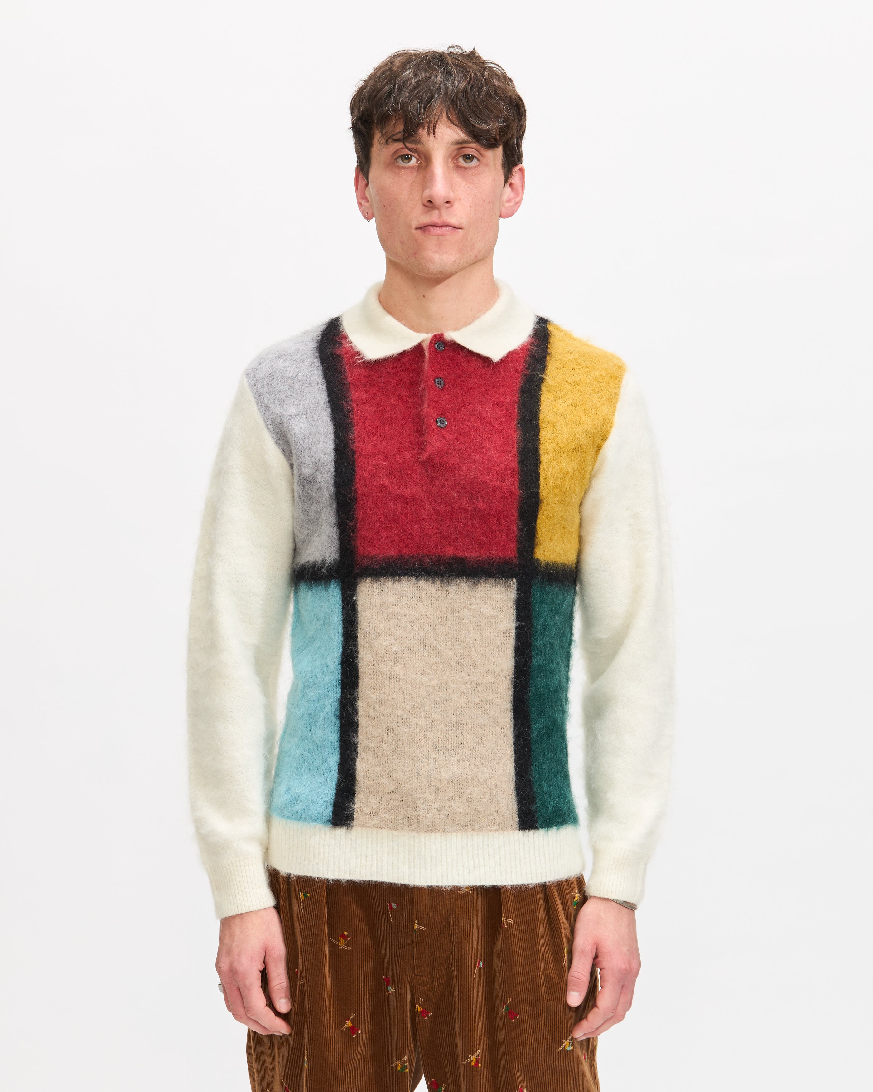 Beams Plus Knit Polo Shaggy Sweater in White | Homme Essentials
