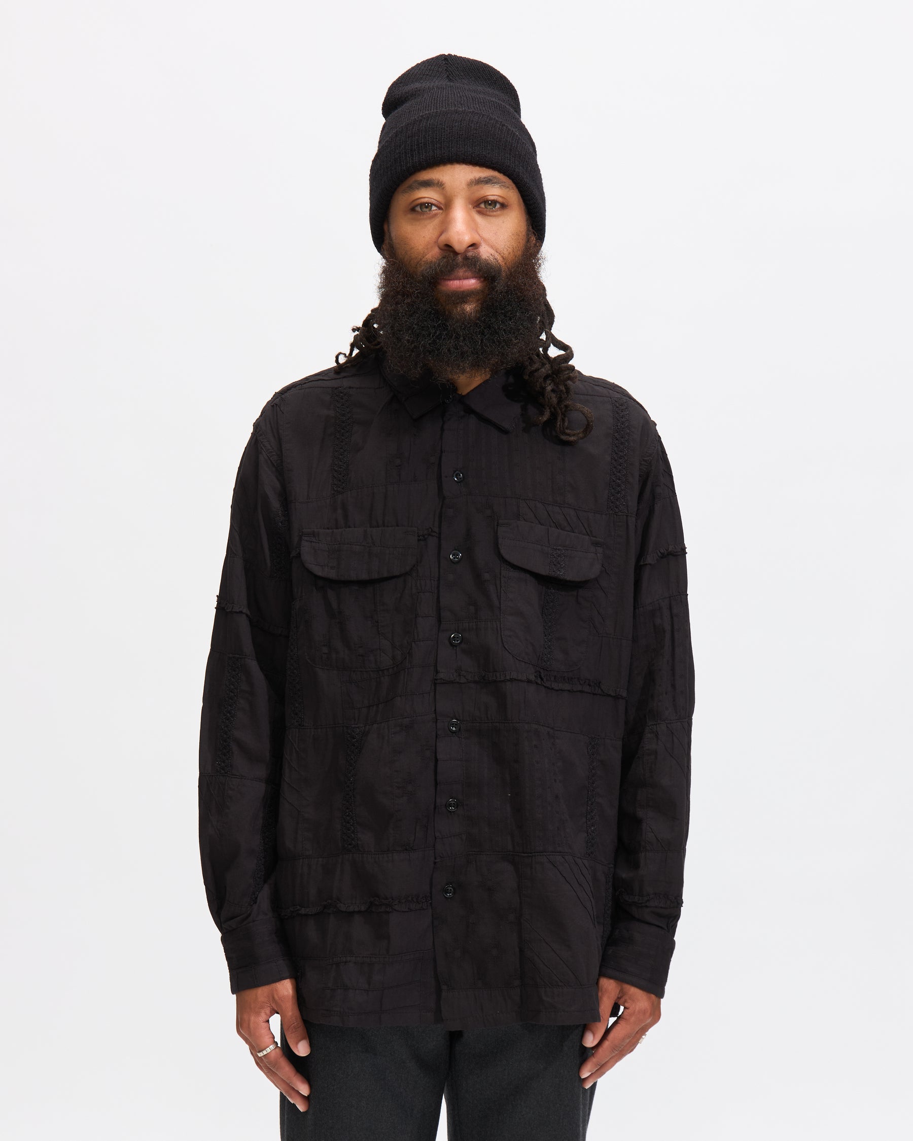 Engineered Garments Classic Shirt in Black Cotton Fringe Patchwork Homme Essentials