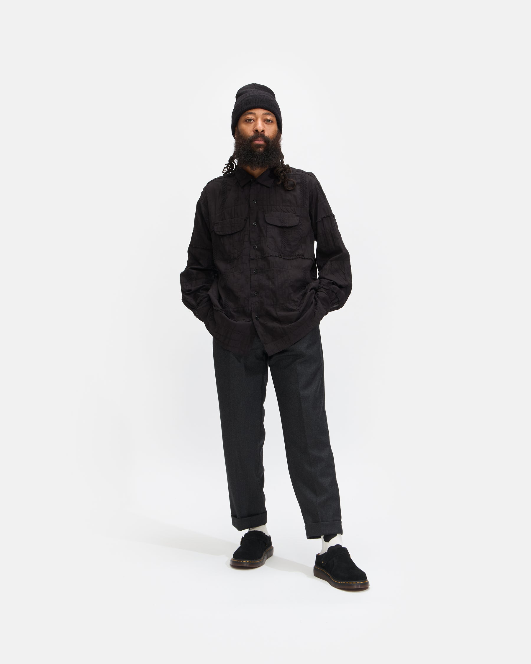 Engineered Garments Classic Shirt in Black Cotton Fringe Patchwork Homme Essentials