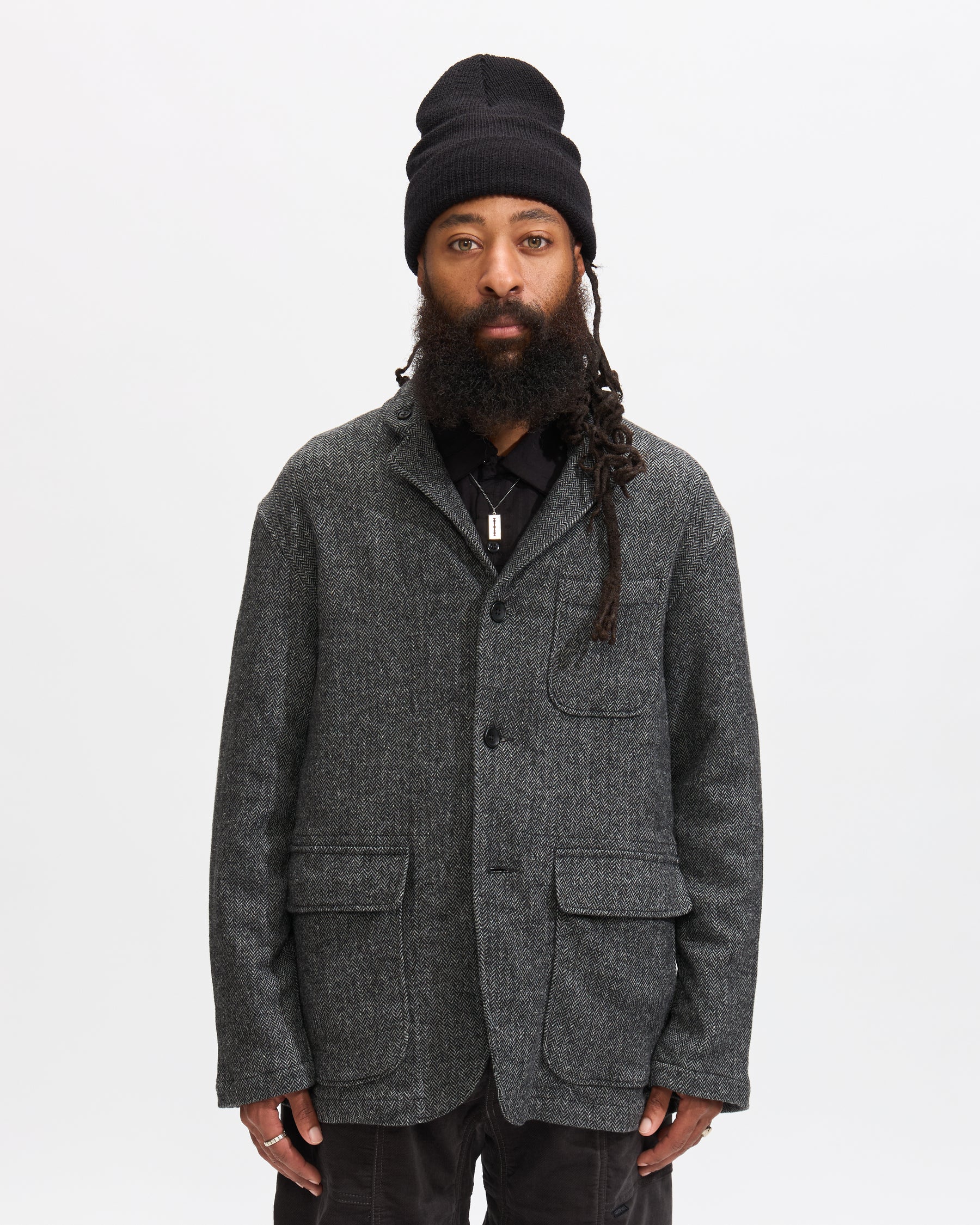 Engineered Garments Loiter Jacket in Grey Wool Herringbone Homme Essentials