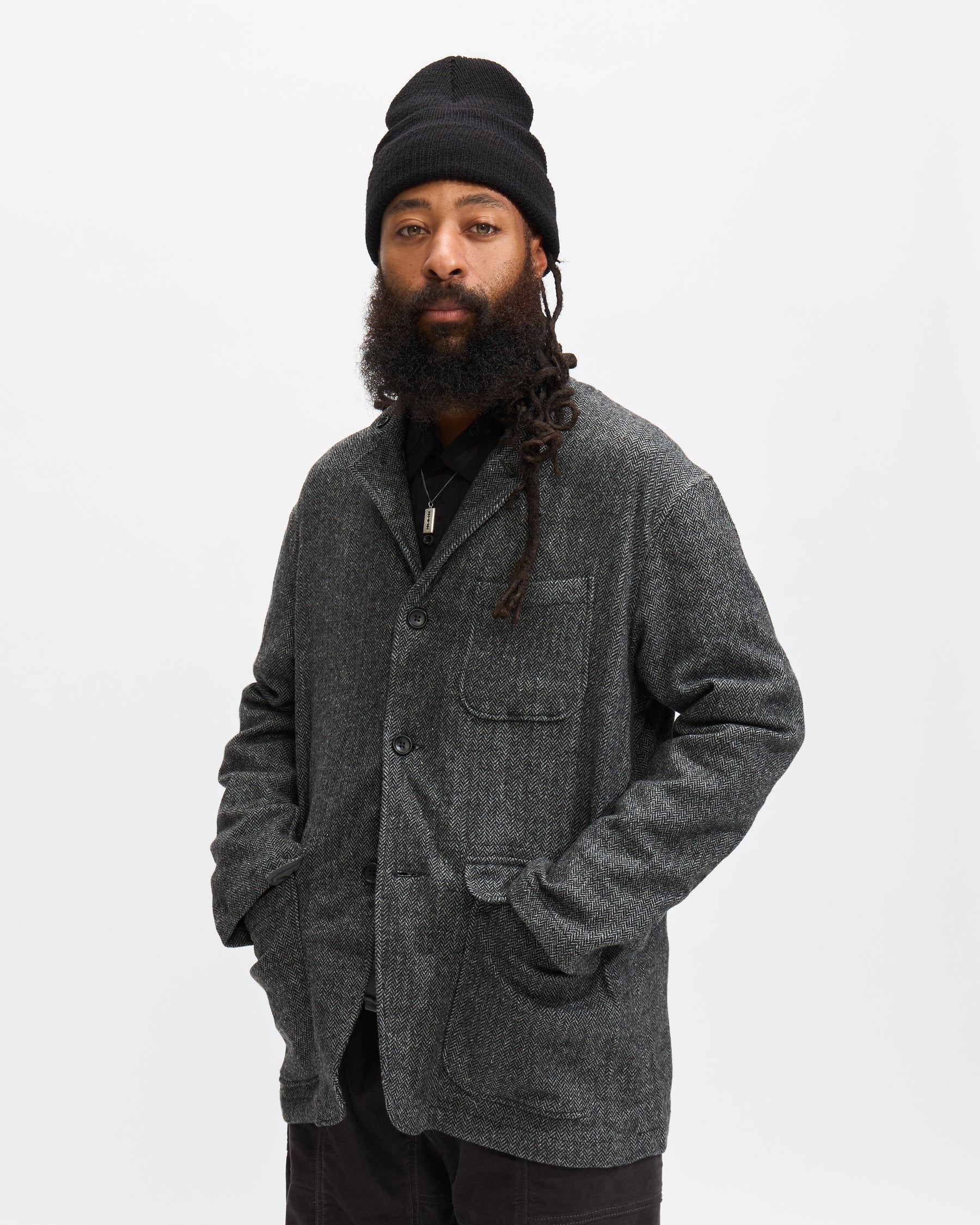 Engineered Garments Loiter Jacket in Grey Wool Herringbone Homme Essentials