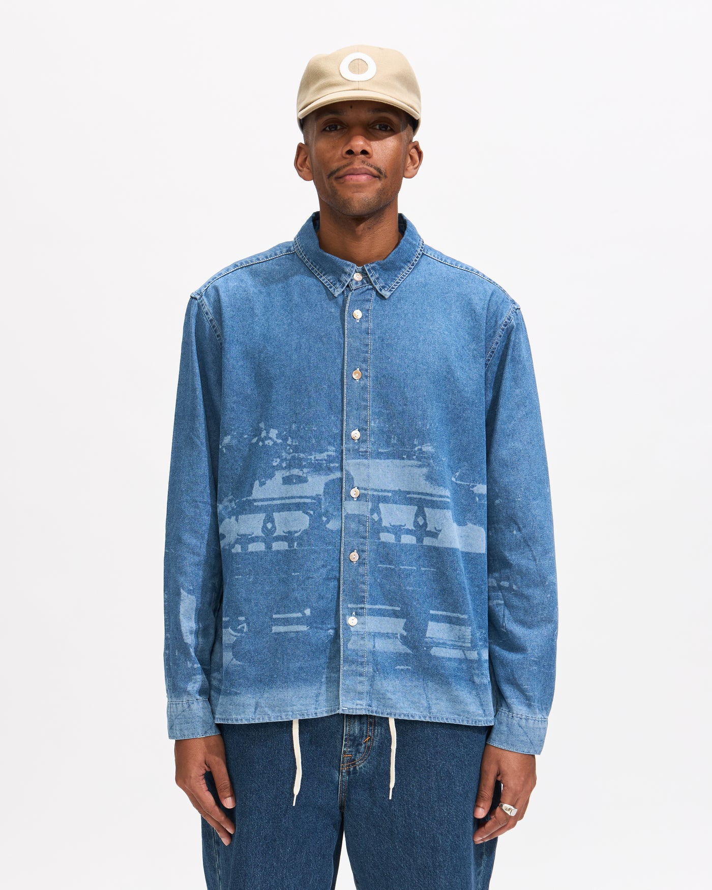 Pop Trading Company Printed Denim Shirt in Rinsed Denim Homme Essentials