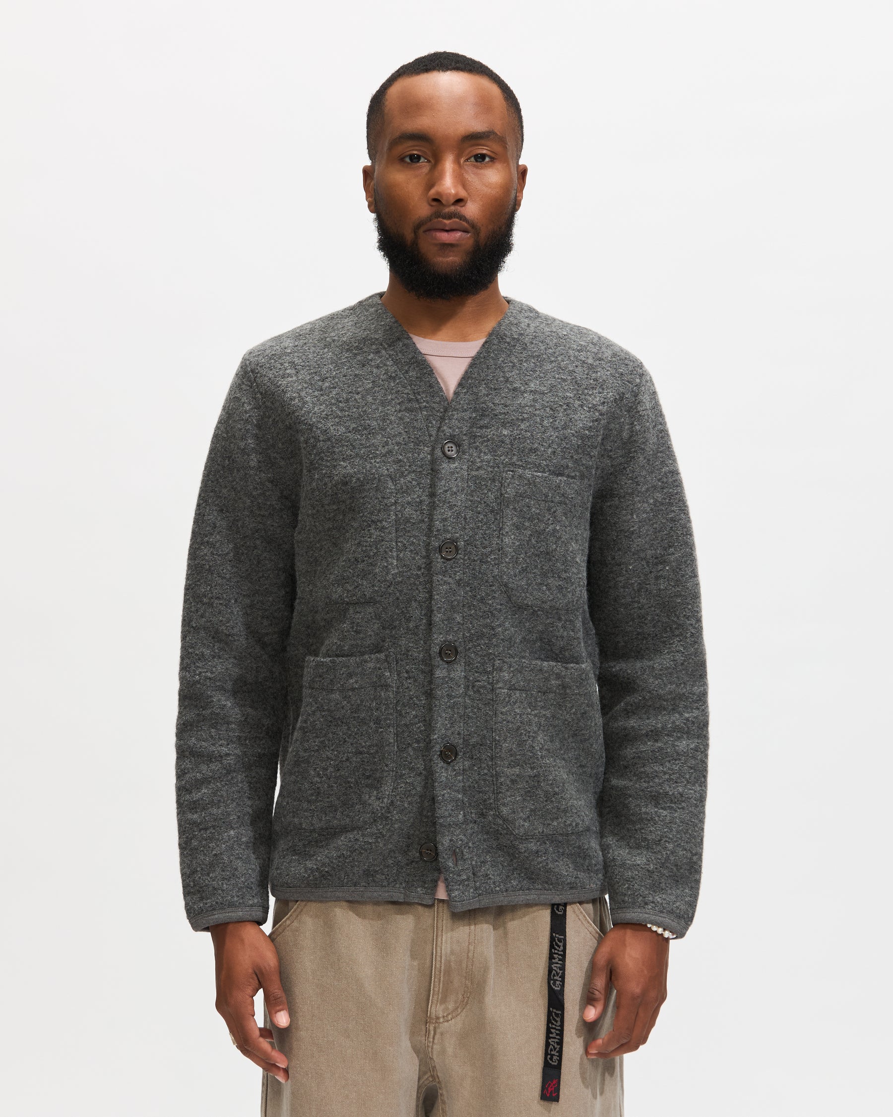 Universal Works Cardigan in Grey Marl Wool Fleece Homme Essentials