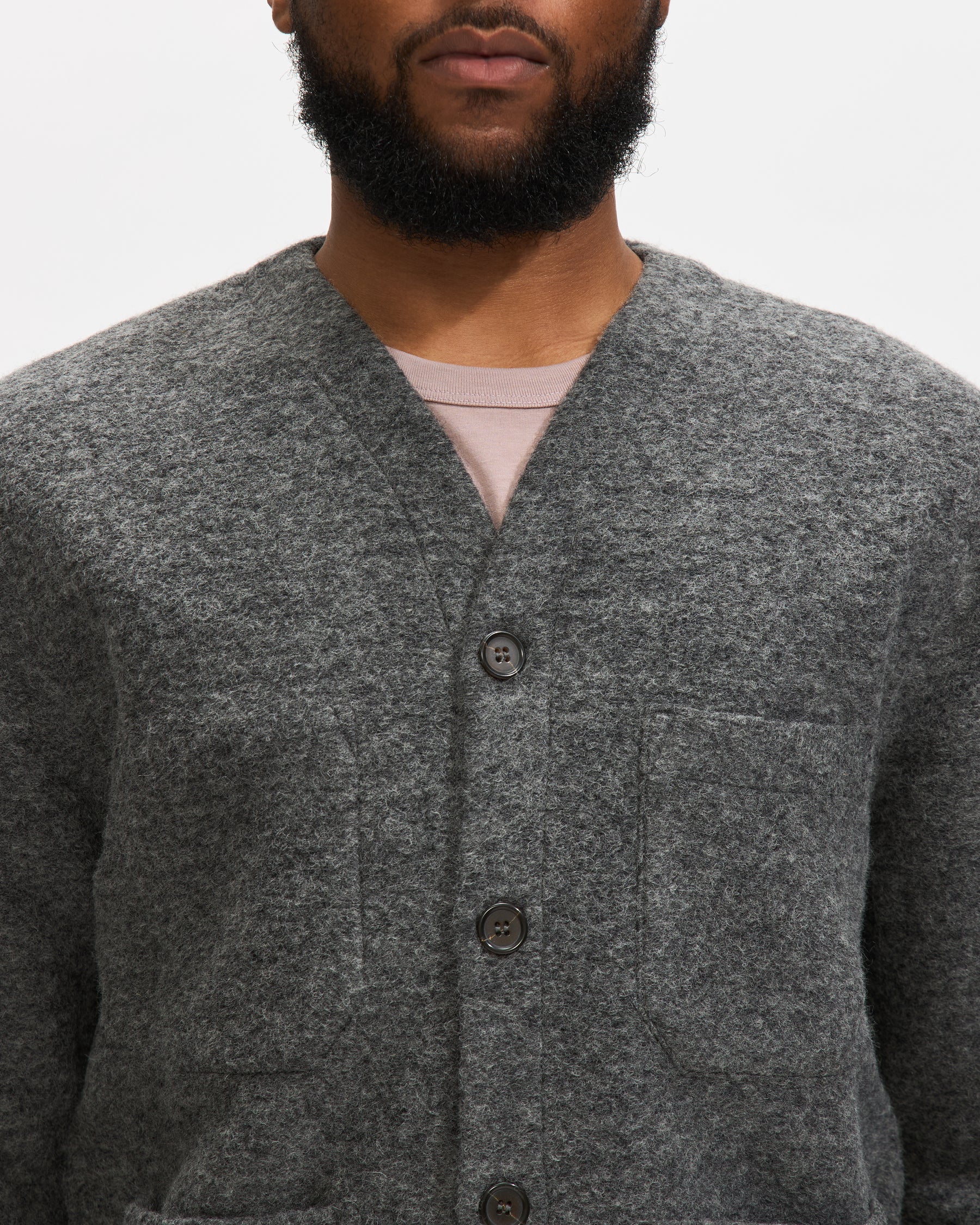 Universal Works Cardigan in Grey Marl Wool Fleece Homme Essentials