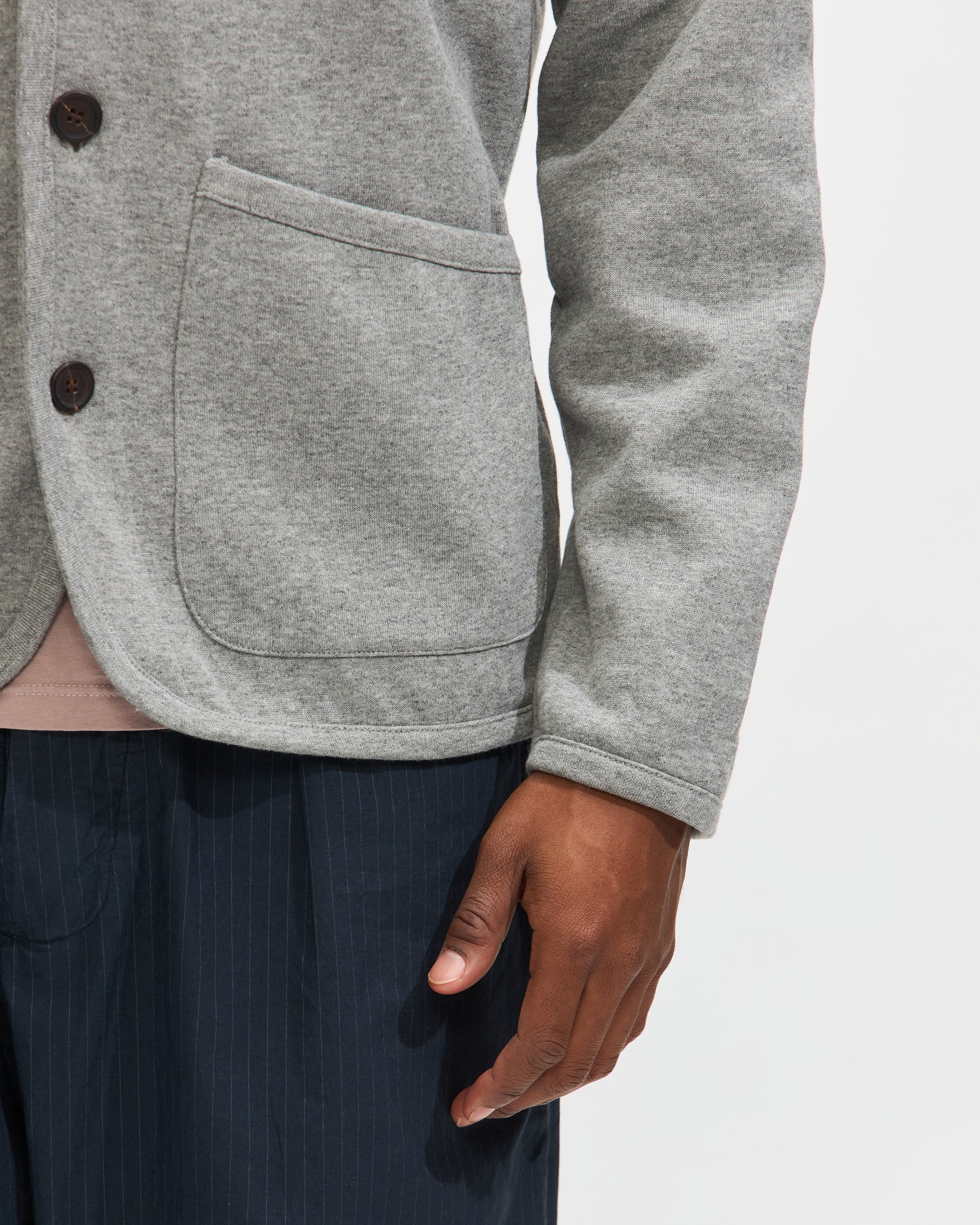 Universal Works Lancaster Jacket in Grey Marl Recycled Cotton Blend Jersey Homme Essentials