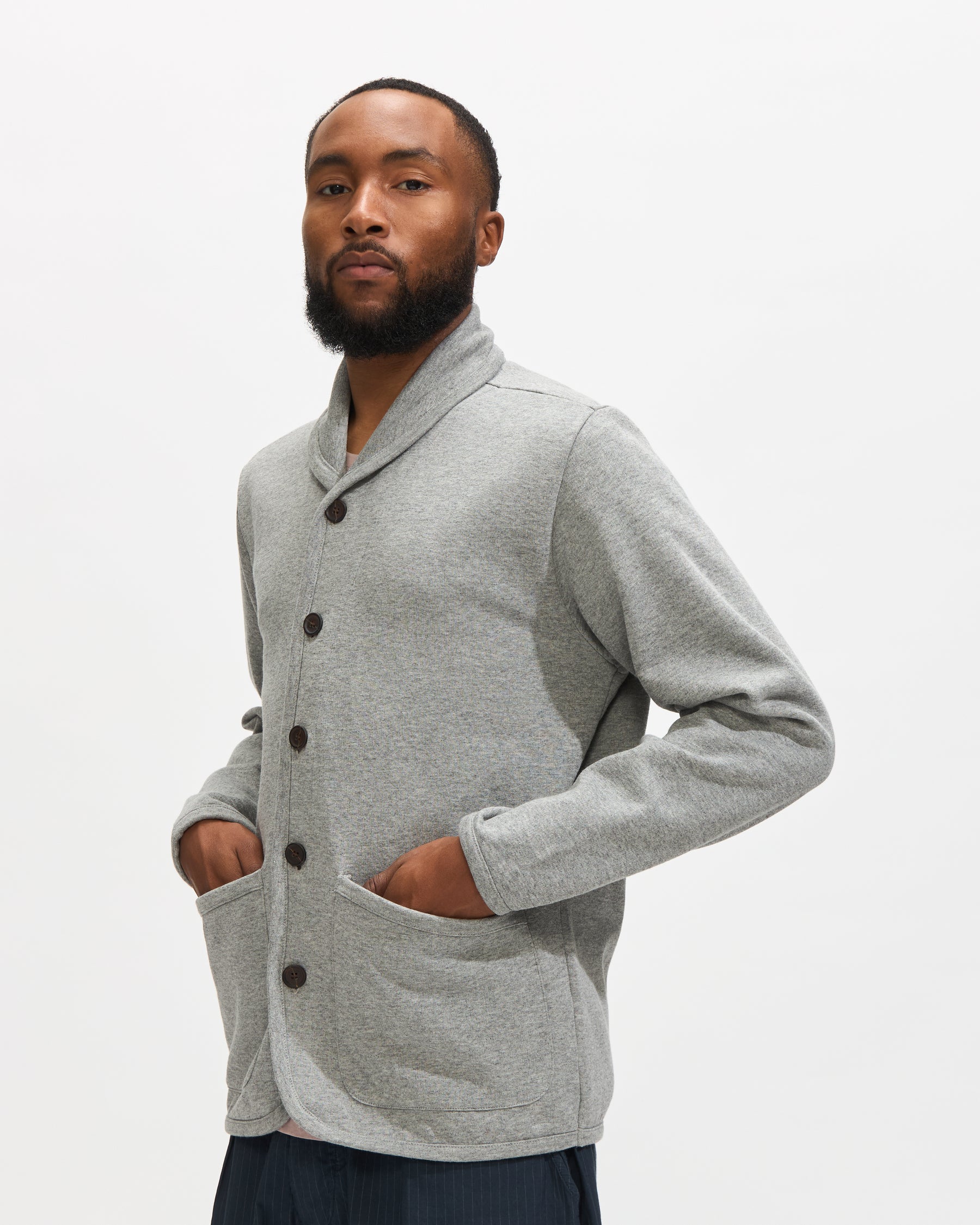 Universal Works Lancaster Jacket in Grey Marl Recycled Cotton Blend Jersey Homme Essentials