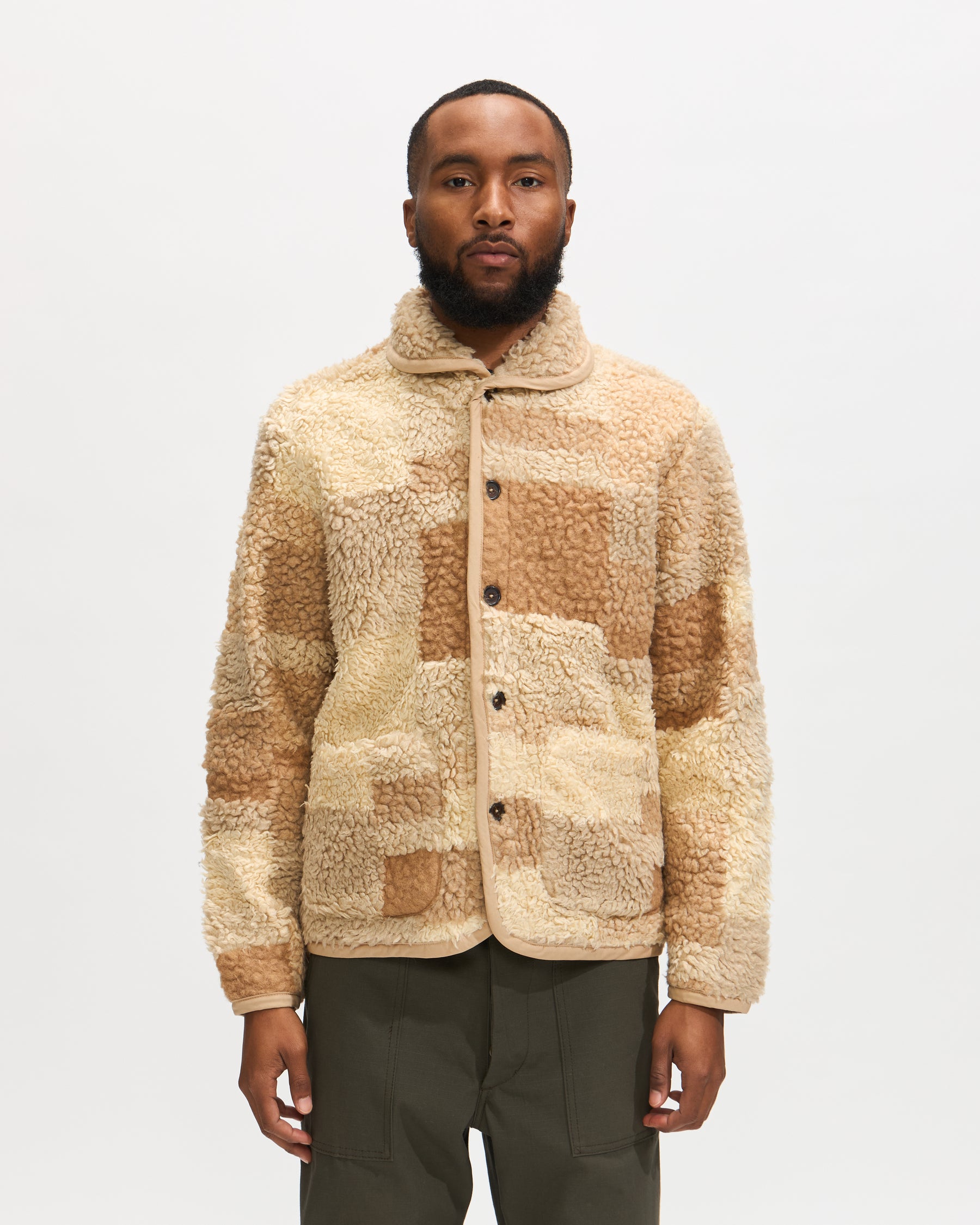 Universal Works Lancaster Jacket in Sand Patchwork Fleece Homme Essentials