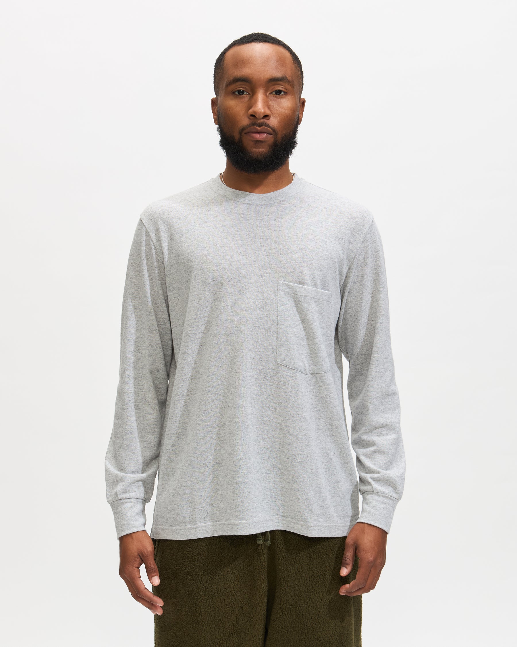 Universal Works Loose L/S Tee in Grey Marl Recycled Wool Mix Homme Essentials