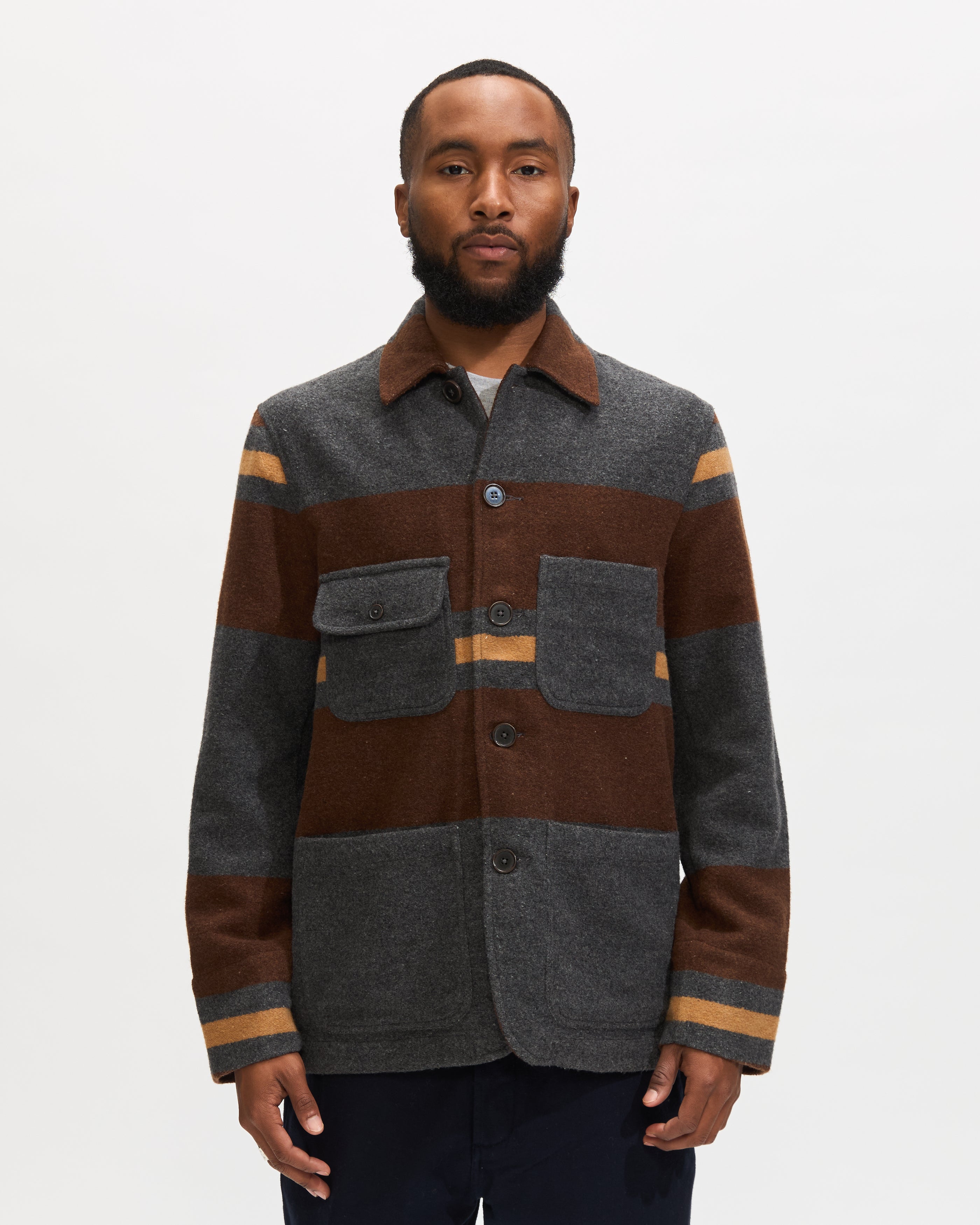 Universal Works Merchant Jacket in Charcoal Stripe Blanket Wool Mix