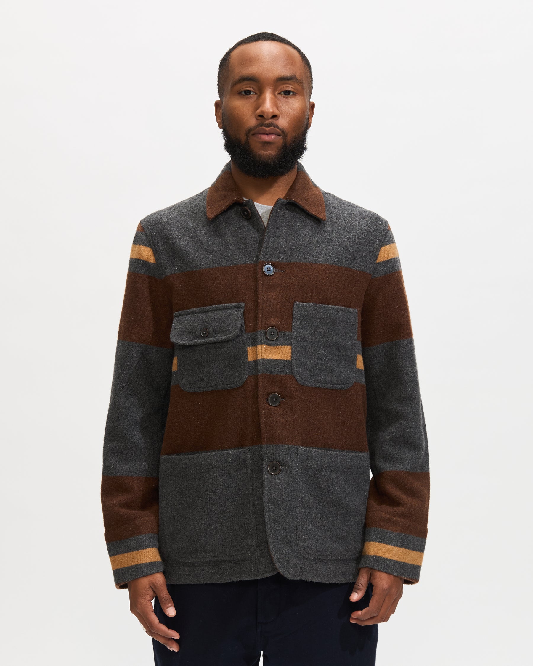 Universal Works Merchant Jacket in Charcoal Stripe Blanket Wool Mix Homme Essentials