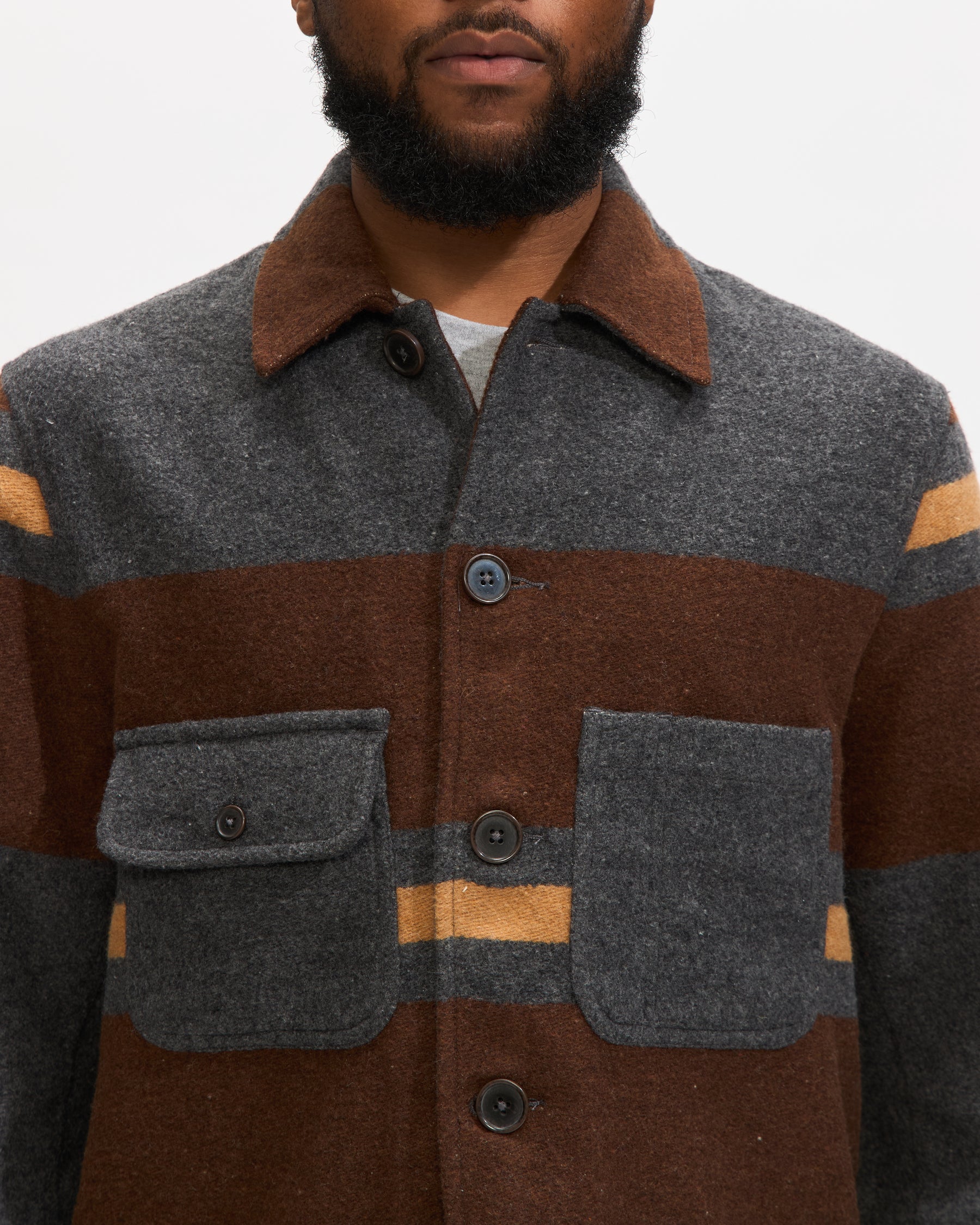 Universal Works Merchant Jacket in Charcoal Stripe Blanket Wool Mix Homme Essentials