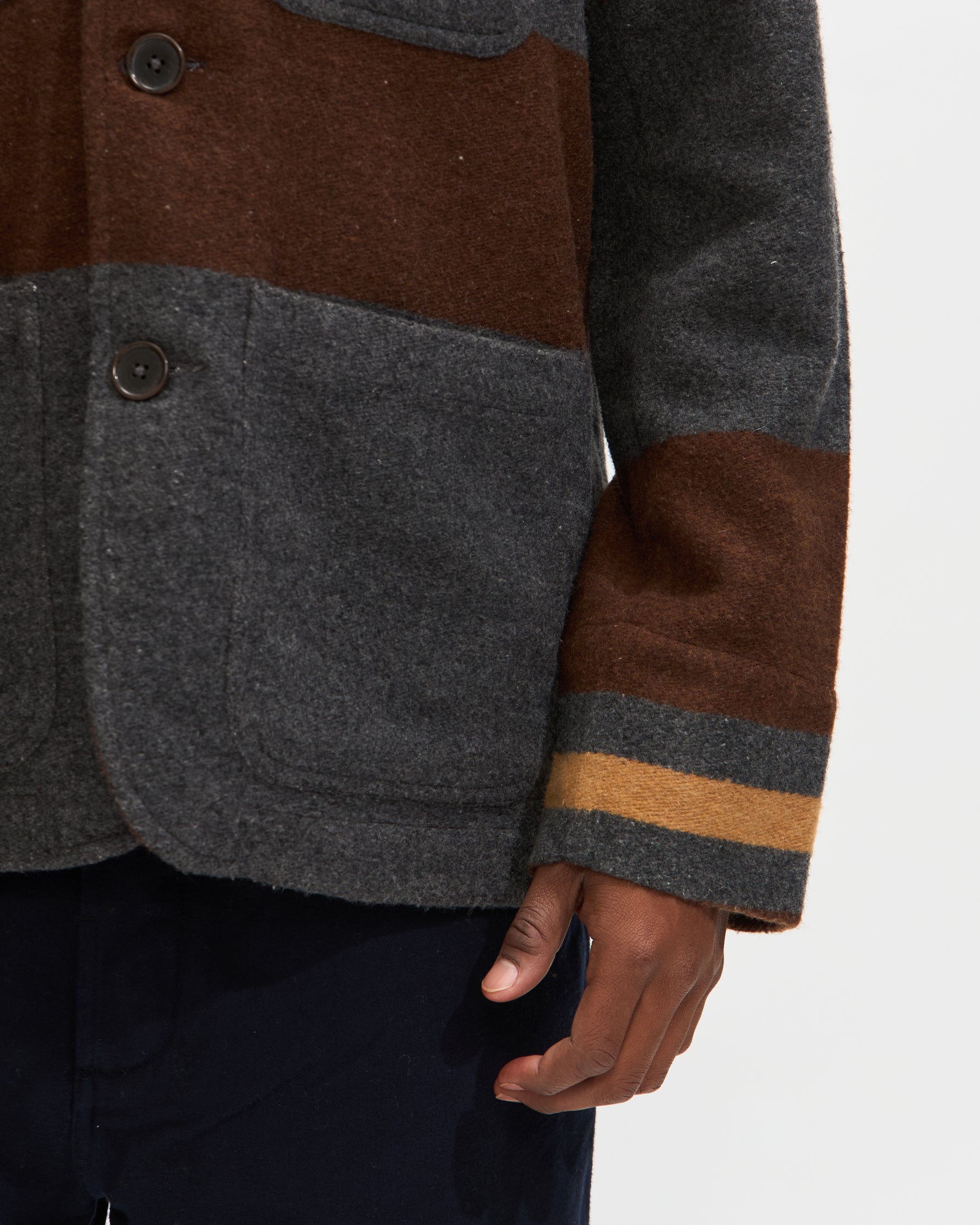 Universal Works Merchant Jacket in Charcoal Stripe Blanket Wool Mix Homme Essentials