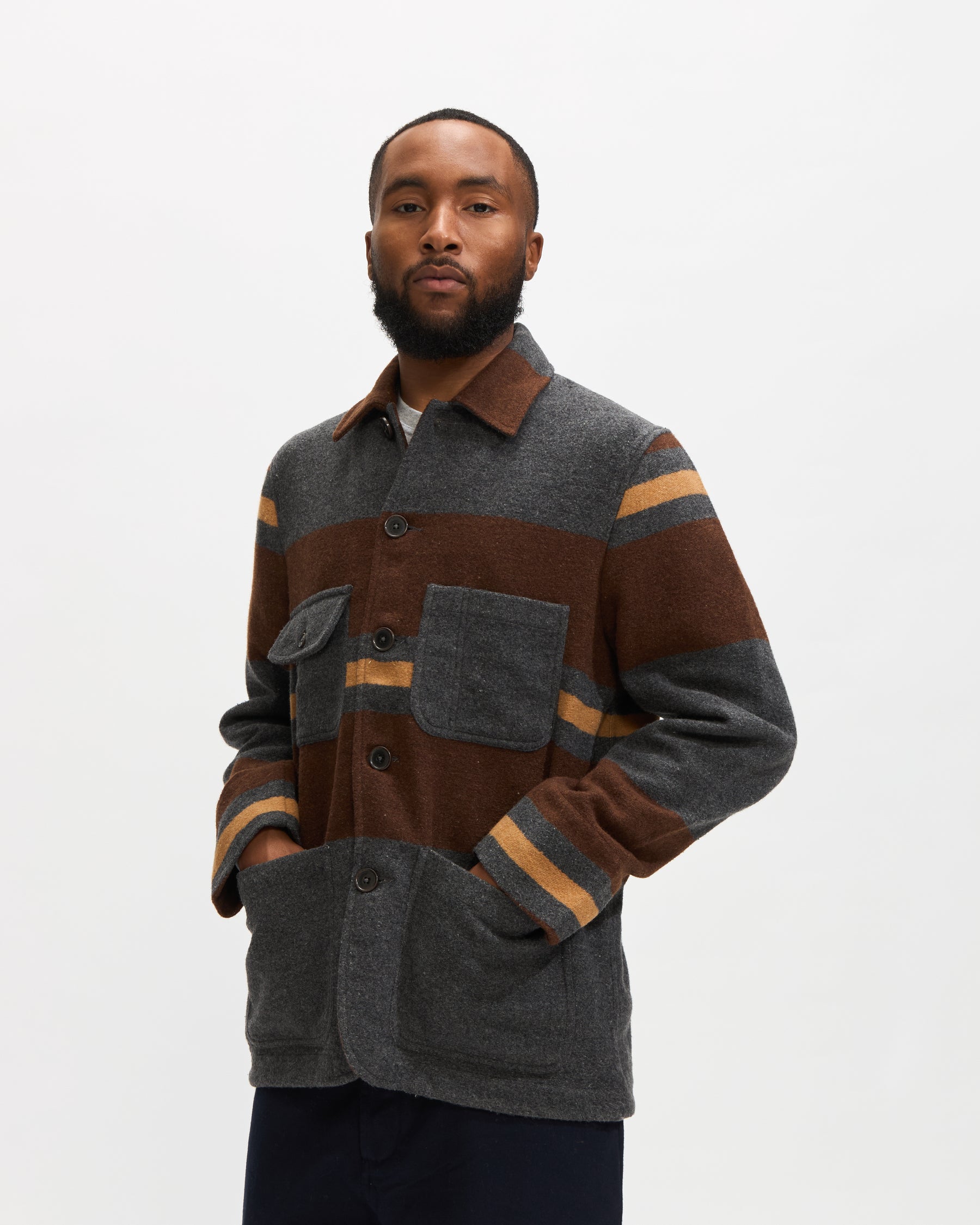 Universal Works Merchant Jacket in Charcoal Stripe Blanket Wool Mix Homme Essentials