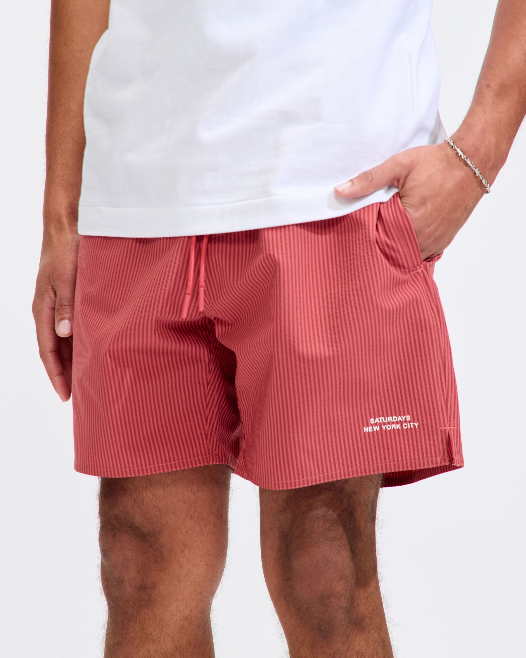 Timothy Seersucker Swim Short in Mineral Red