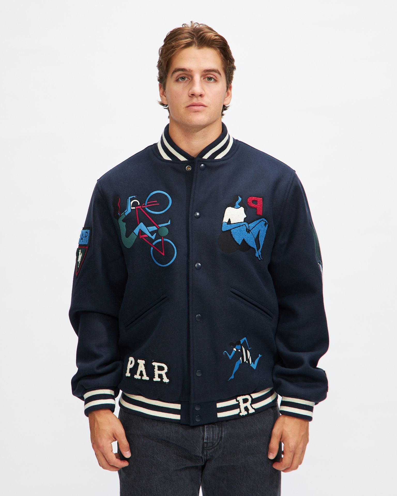 Run Sit & Bike Varsity Jacket in Navy Blue
