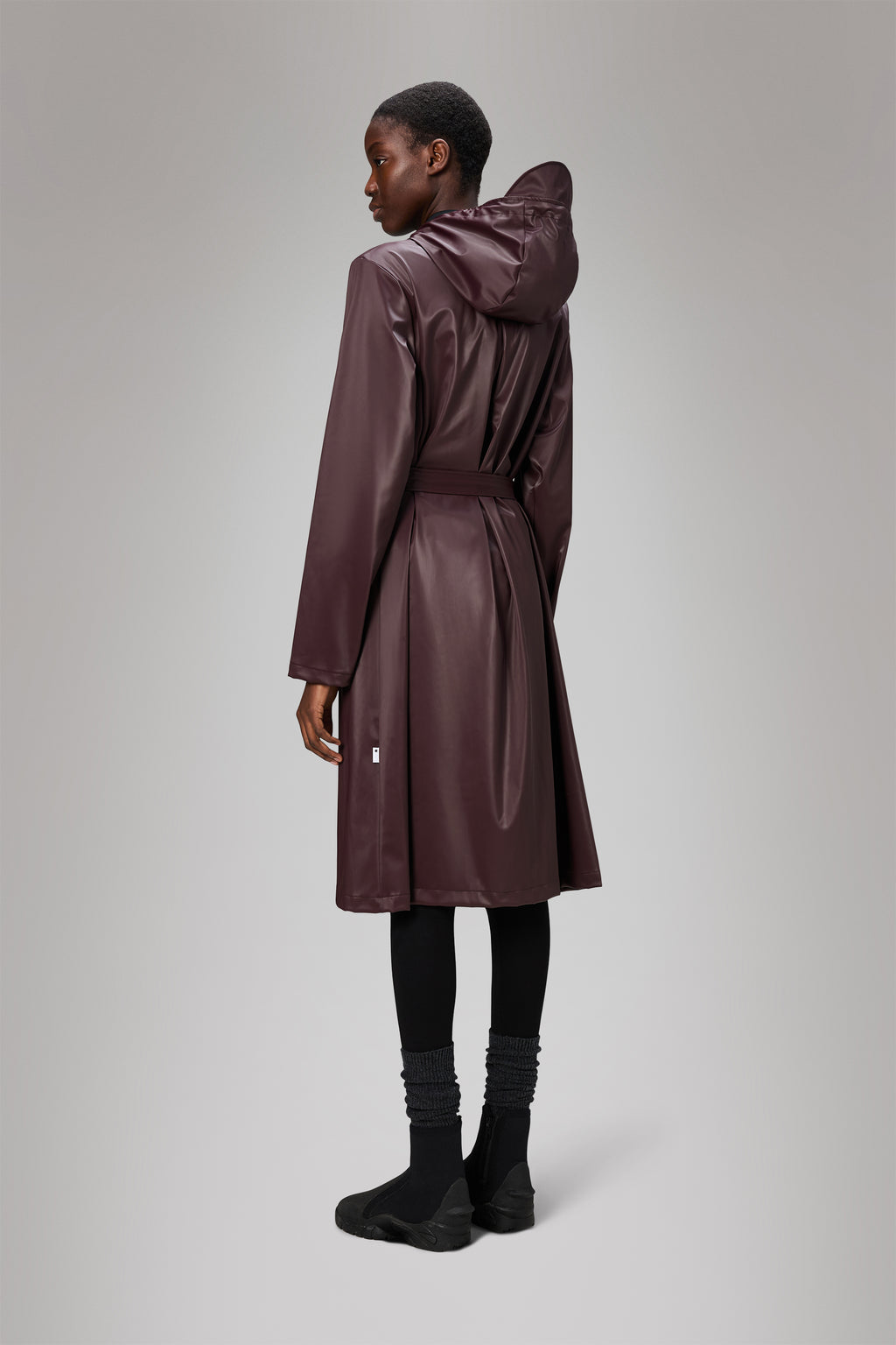 Maroon Rains A-Line Long Trench raincoat on a light gray background