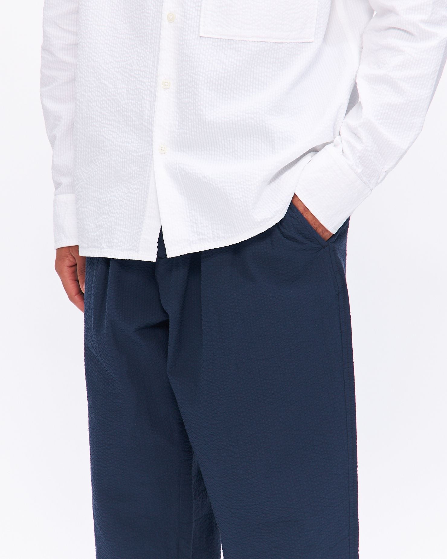 Pleated Track Pant in Navy Cotton Seersucker