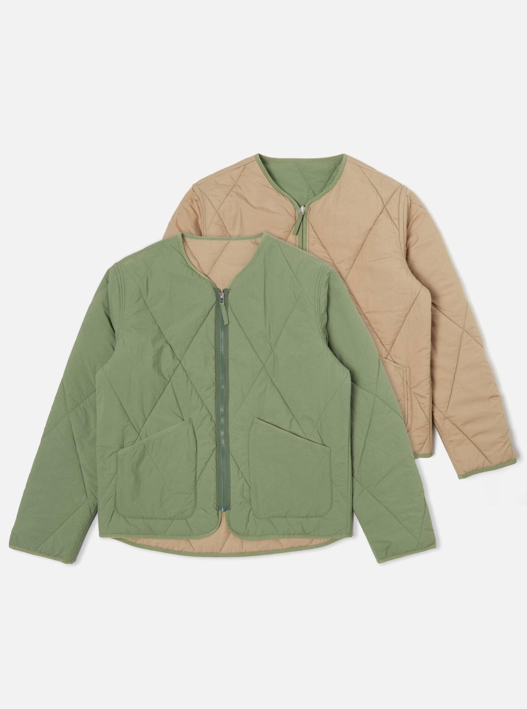 Reversible Military Liner Jacket in Green/Sand Diamond Quilt Recycled Nylon