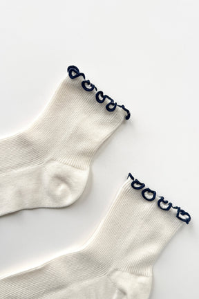 The Petite Ruffled Modal Socks in Soft White / Navy
