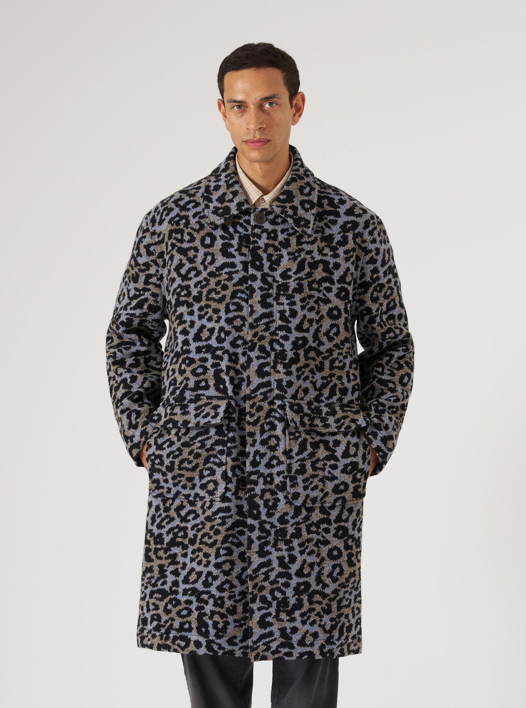 Blue Leopard Flower Wool Account Coat
