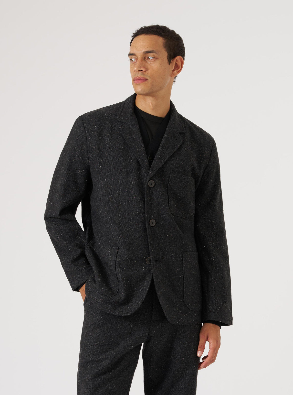 Salt 'n Pepper Tweed Three Button Jacket in Black